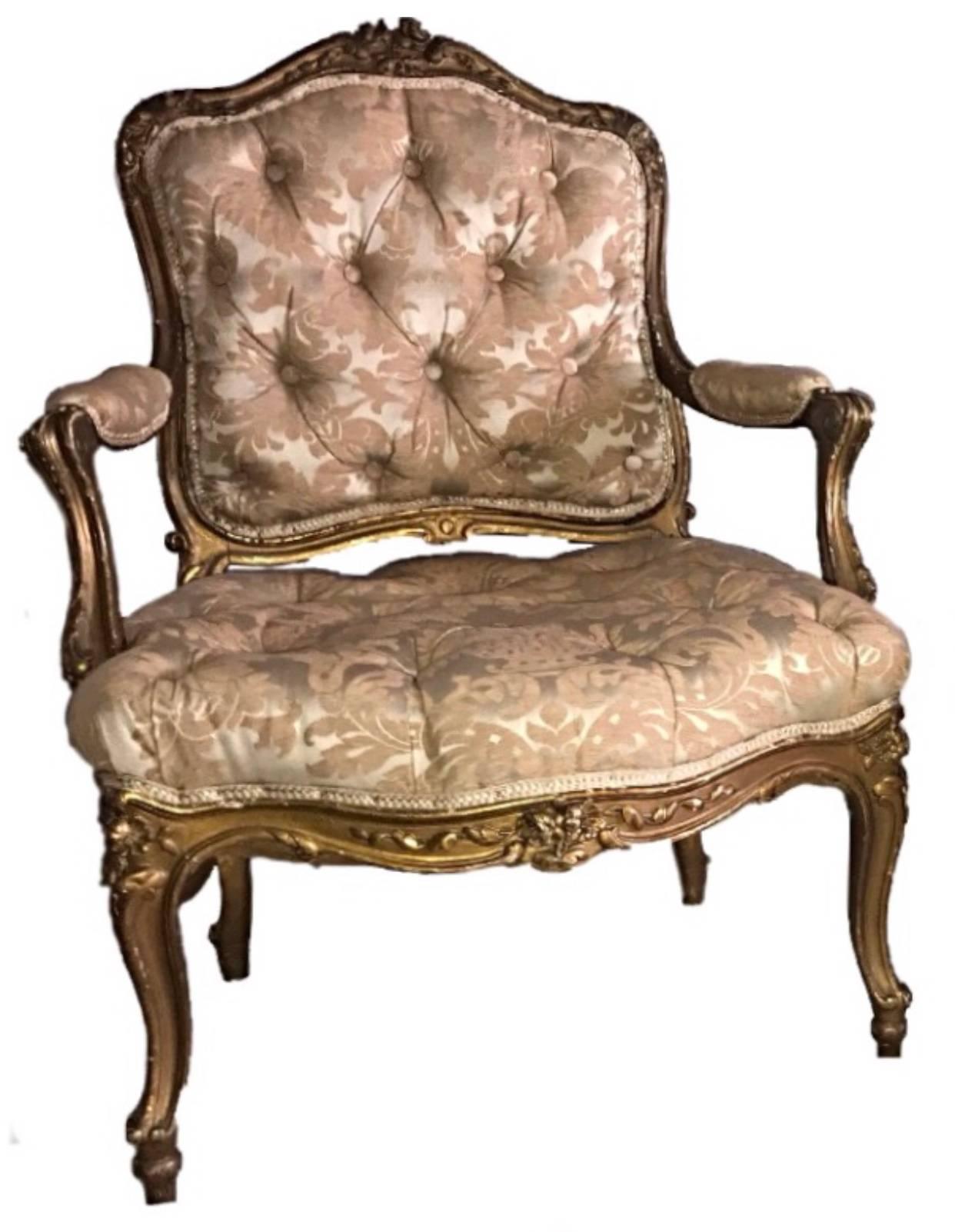 Rococo Pair of 19th Century French Giltwood Fauteuil Chairs For Sale