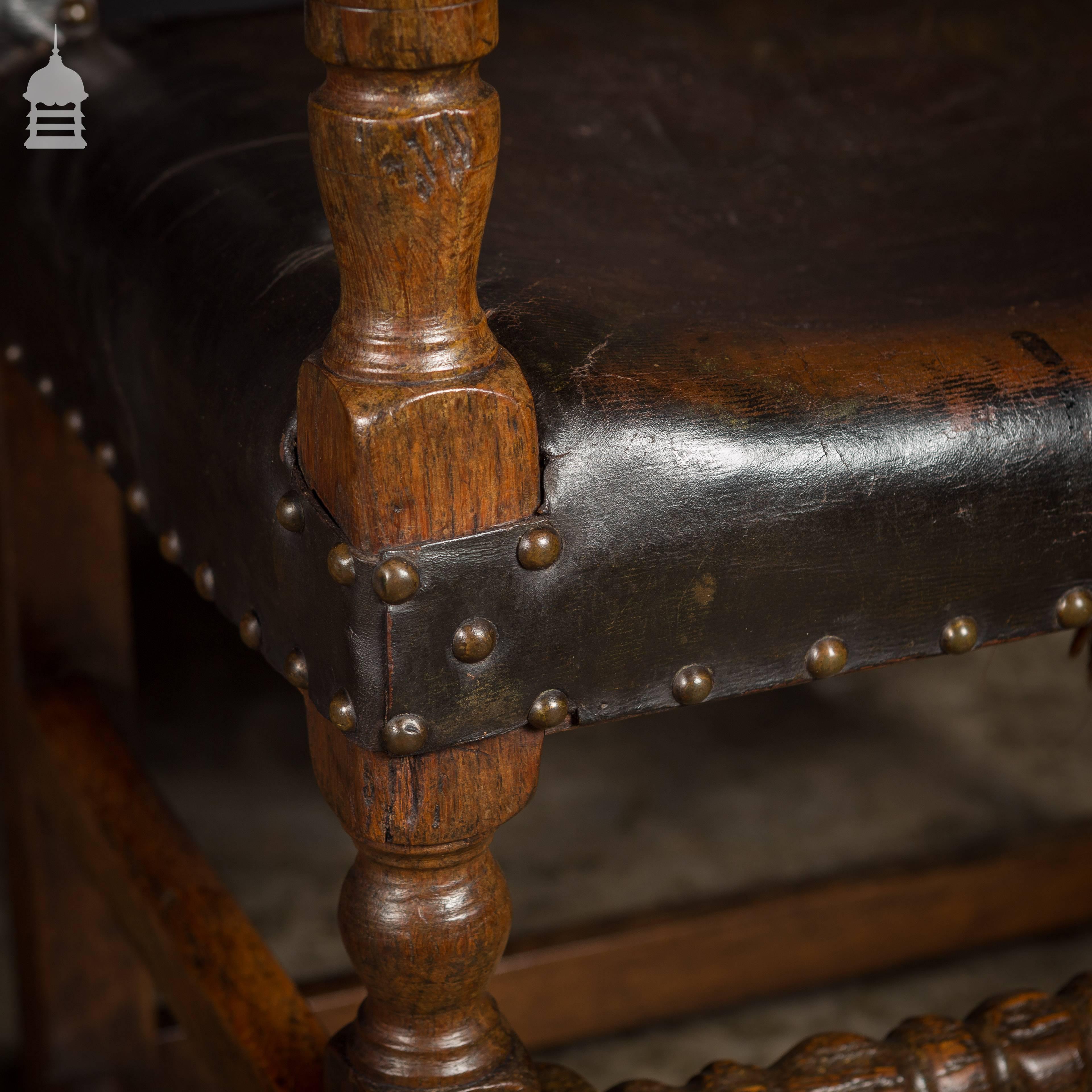Pair of 17th Century Studded Leather Bobbin Turned Wide Oak Seats In Good Condition In Norwich, GB