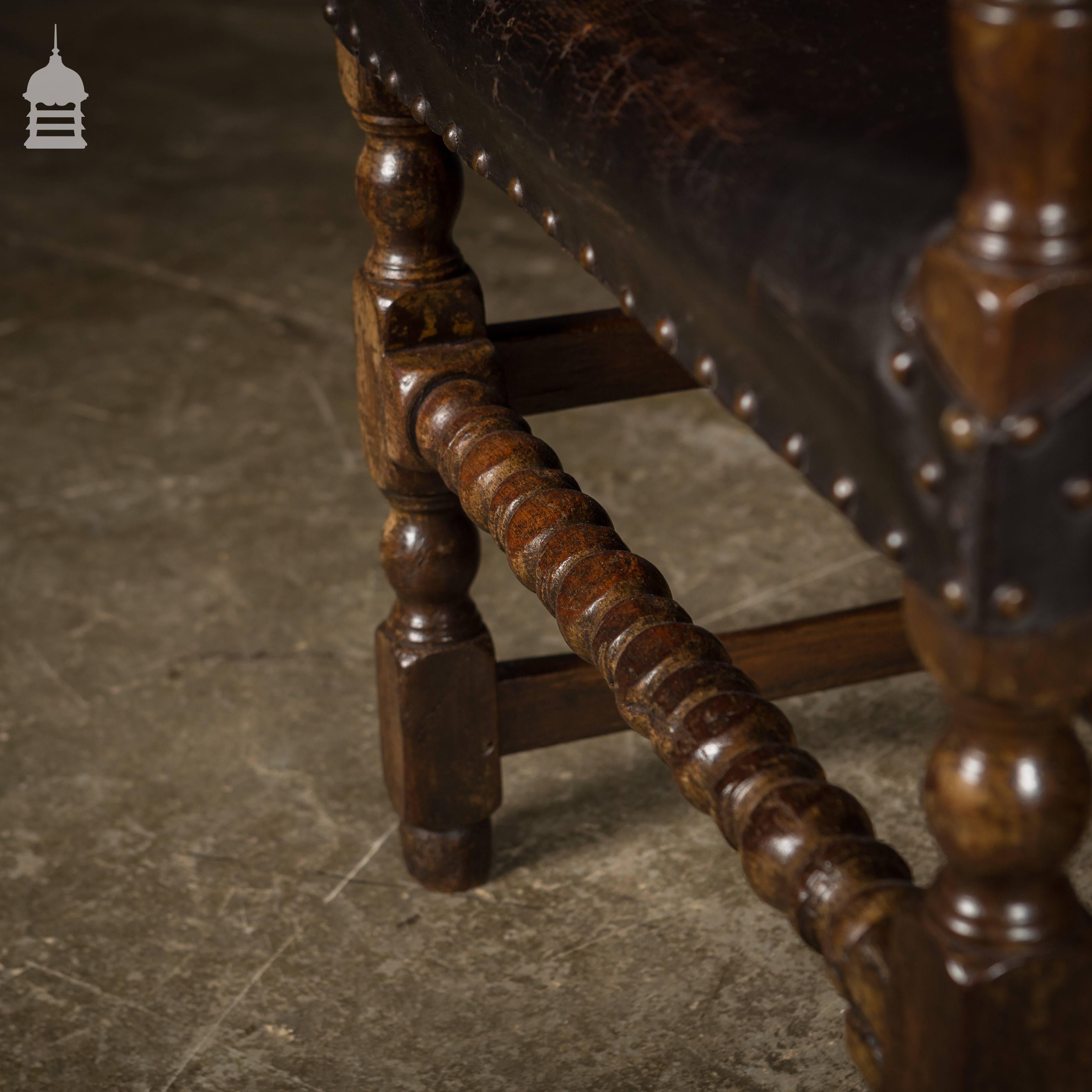 18th Century and Earlier Pair of 17th Century Studded Leather Bobbin Turned Wide Oak Seats