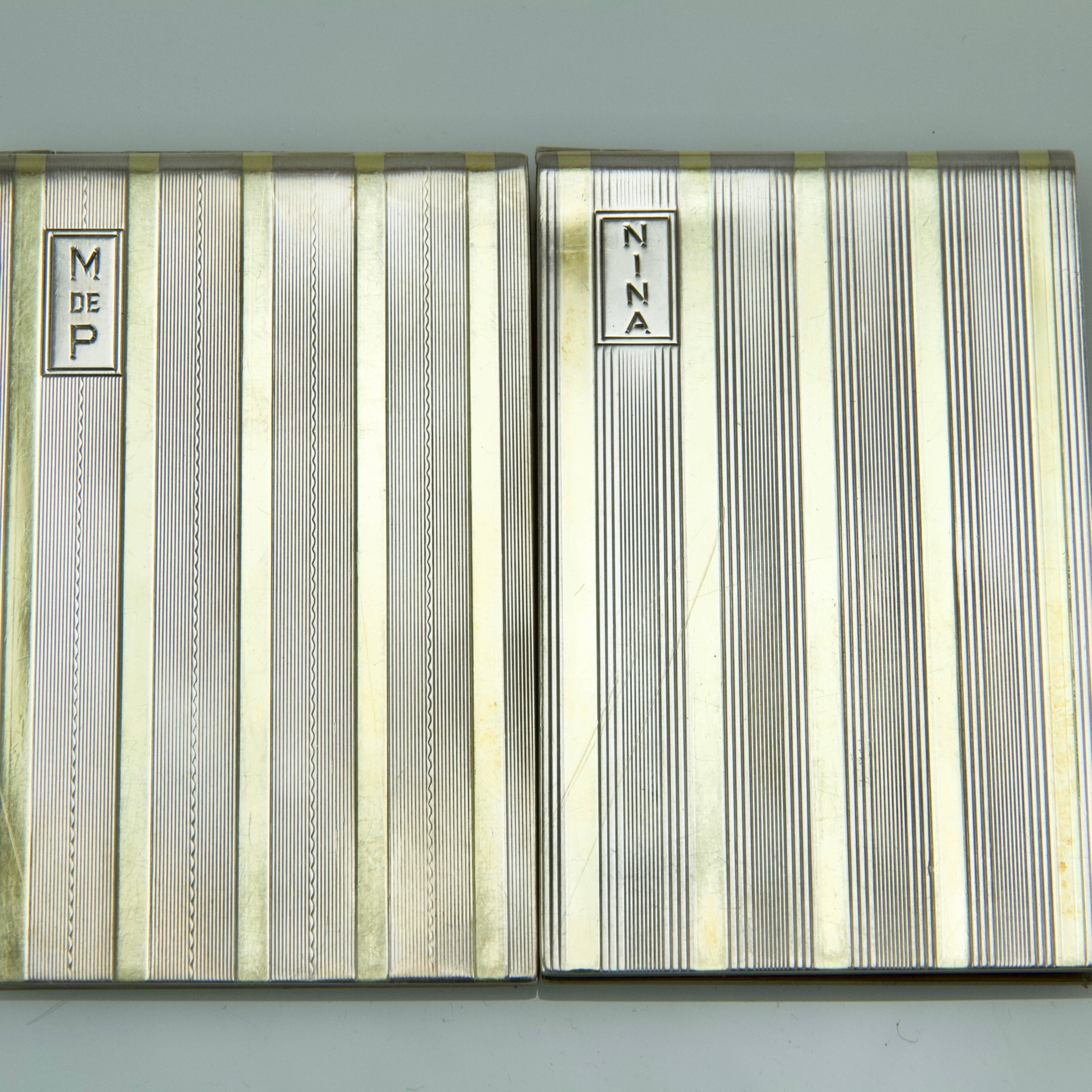 A unusual and complete rectangular pair of check cases by Cartier, Londres. The surface presenting two types of gold and silver alternating stripes patterns. One engraved at the top in a rectangulaire cartouche M de P for Marquis de Polignac, the