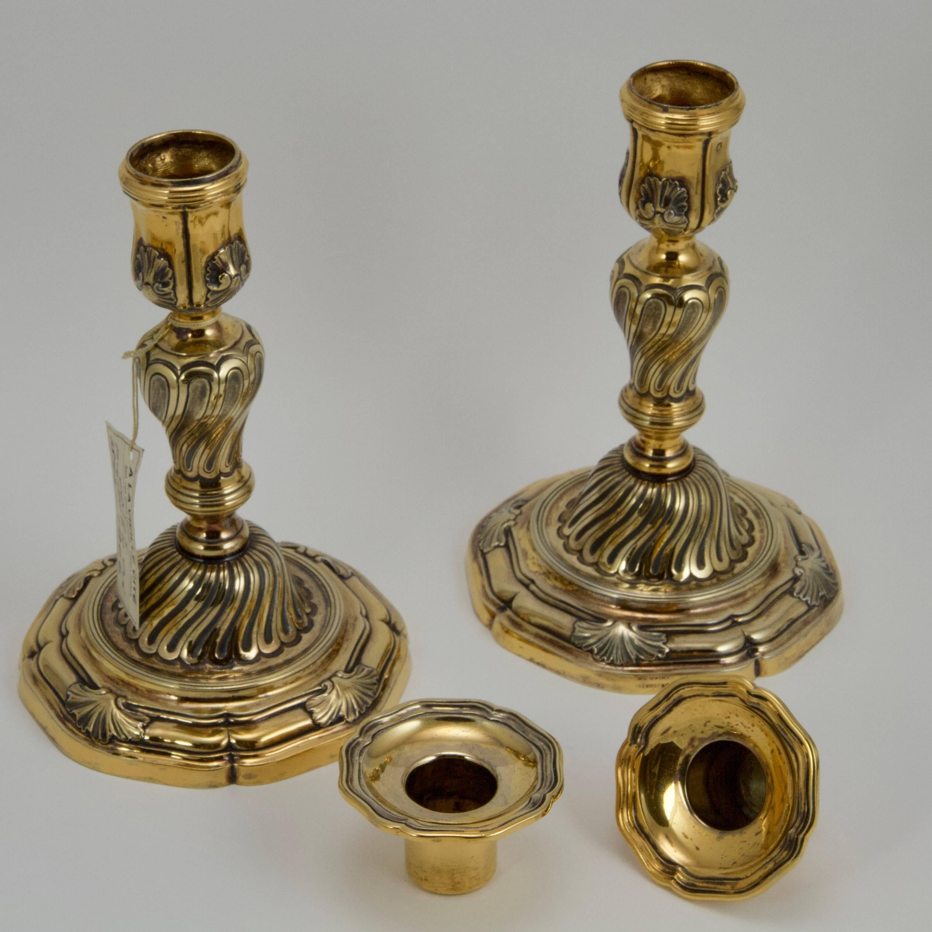Louis XV 19th Century Silver Gilded Pair of Candlesticks by Odiot For Sale