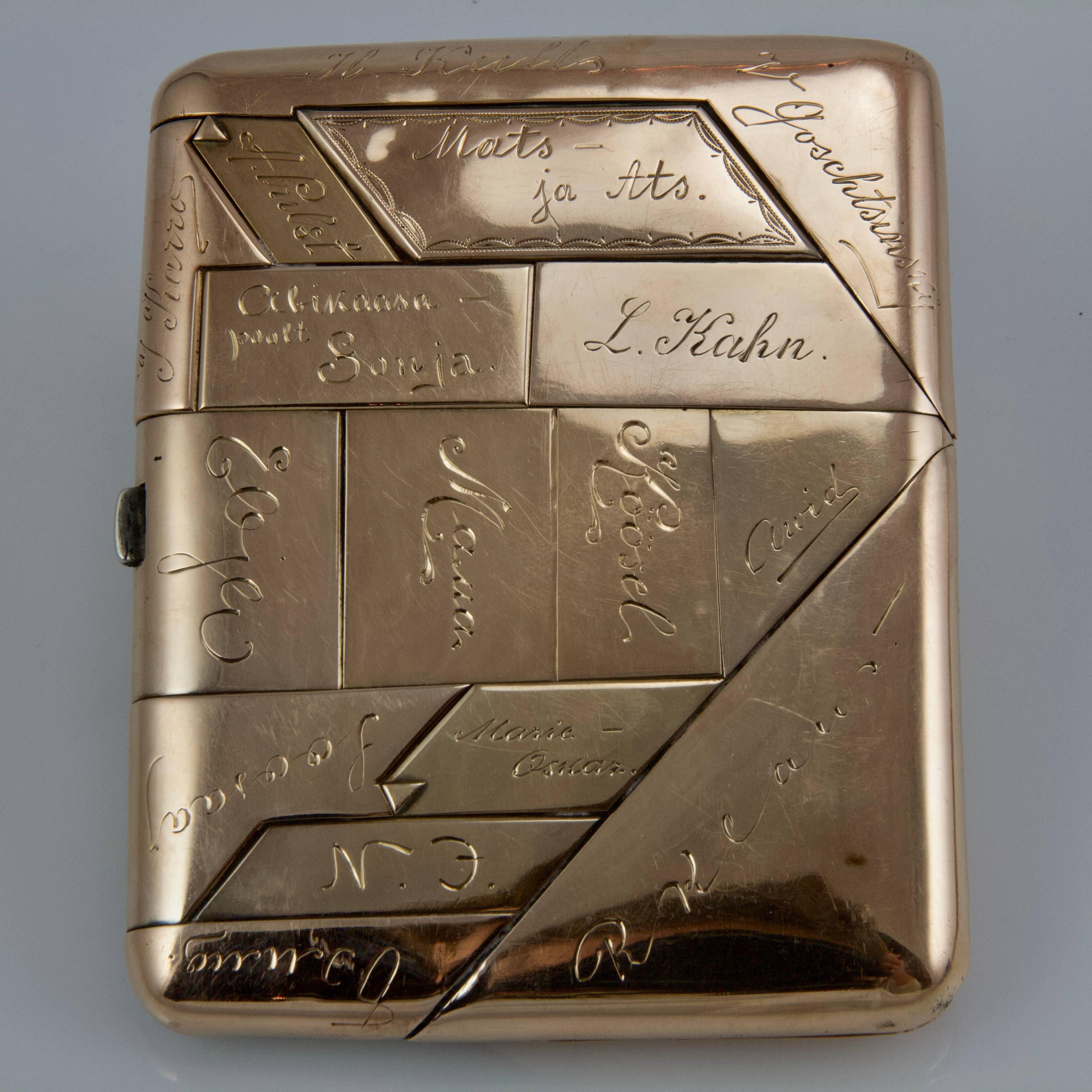 Unusual silver cigarette-case, almost totally covered by 23 thick and heavy pink gold labels or stamps engraved with an handwritten signatures (Charlie Farrell, Edward Ustrissov, F Butte, N Raist, Manza, Fritz, H Kull, Mats ja Ats, Macha, Köösel, L
