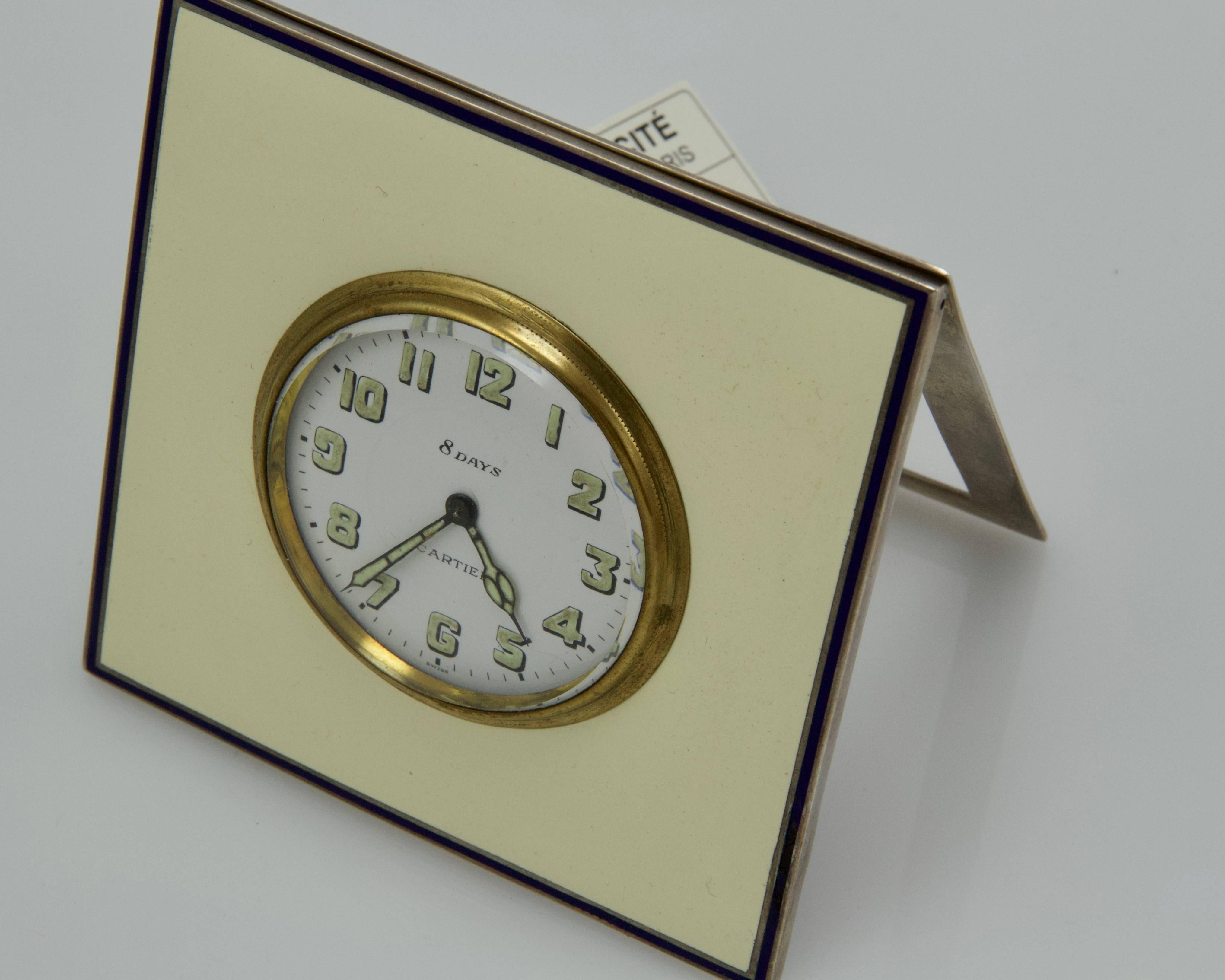 English Antique 20th Century Enamel Silver Desk Clock by Cartier