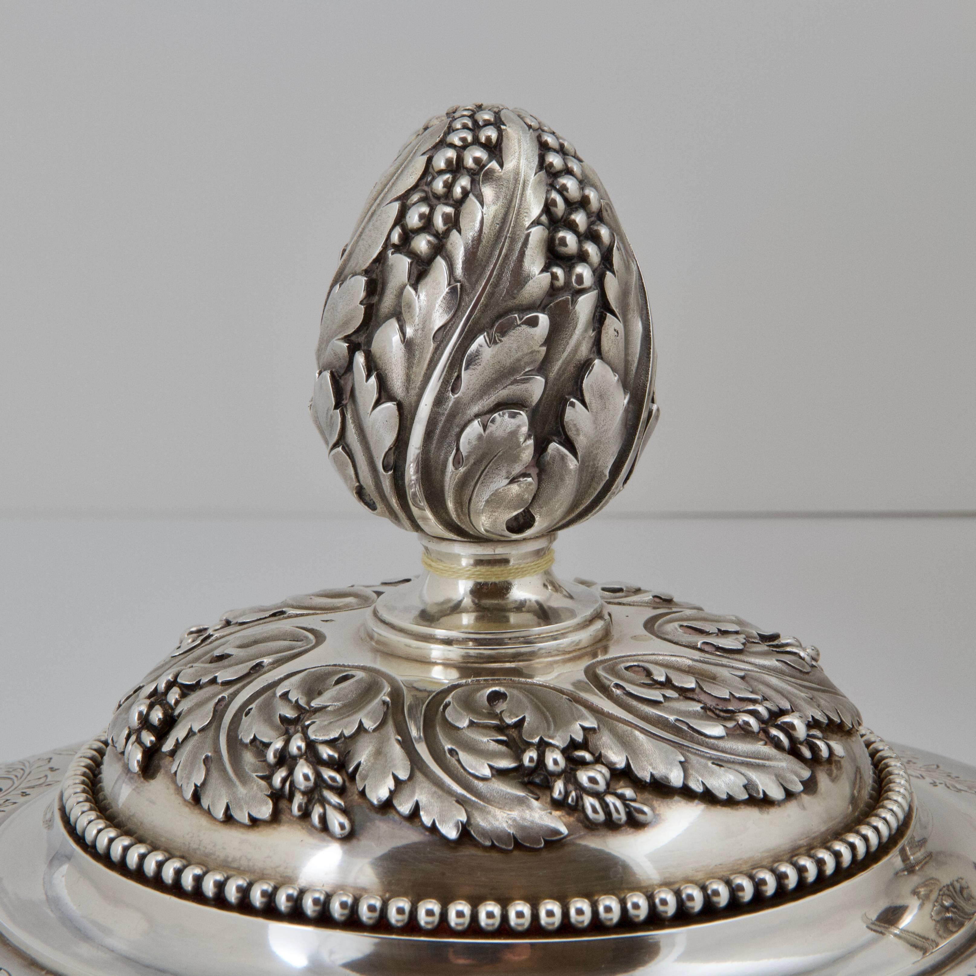 Early 20th Century Antique Silver Pot à Oille and Cover with Matching Stand by Risler & Carré Paris For Sale