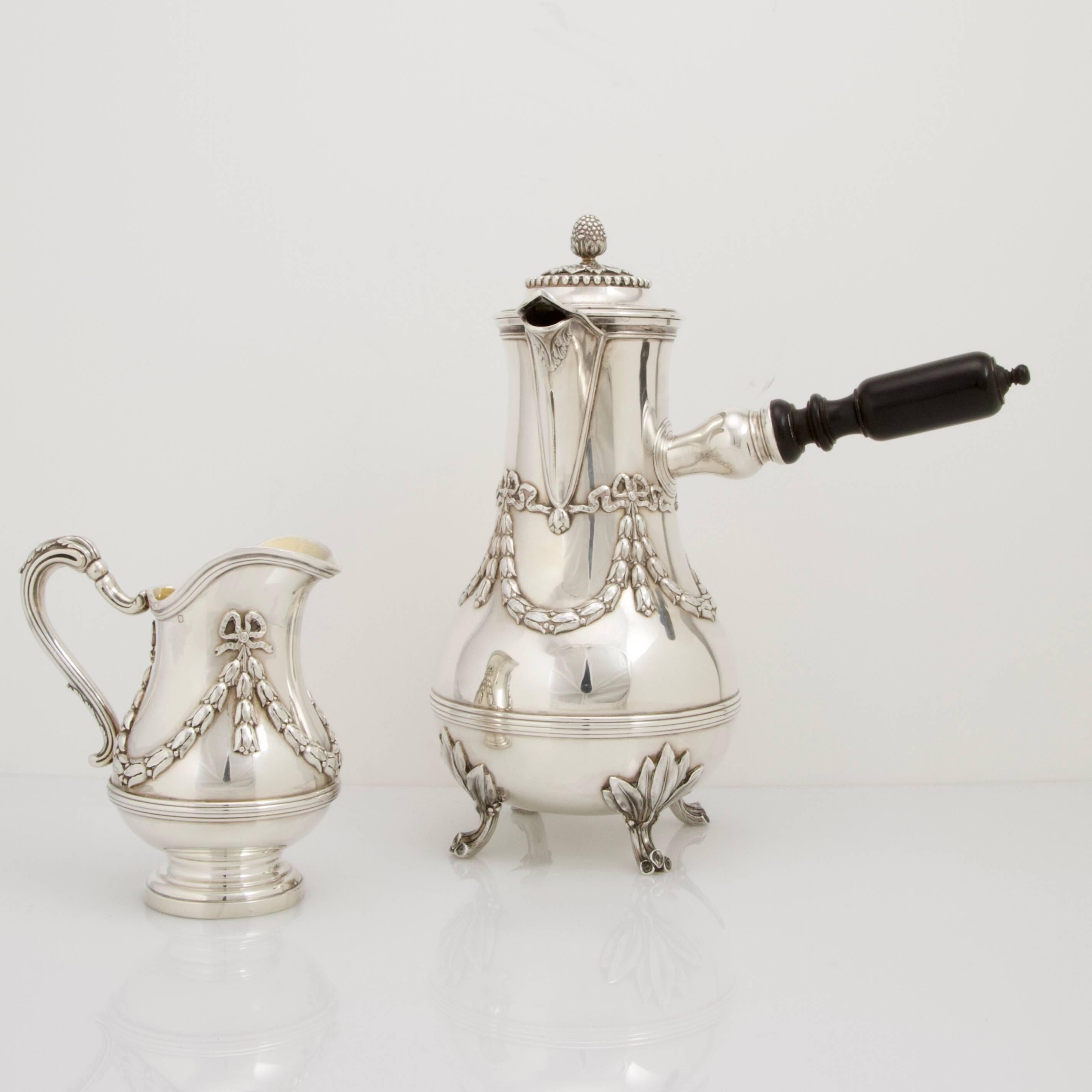 Louis XVI Antique Sterling Silver Complete Chocolate Tea and Coffee Set by Aucoc For Sale