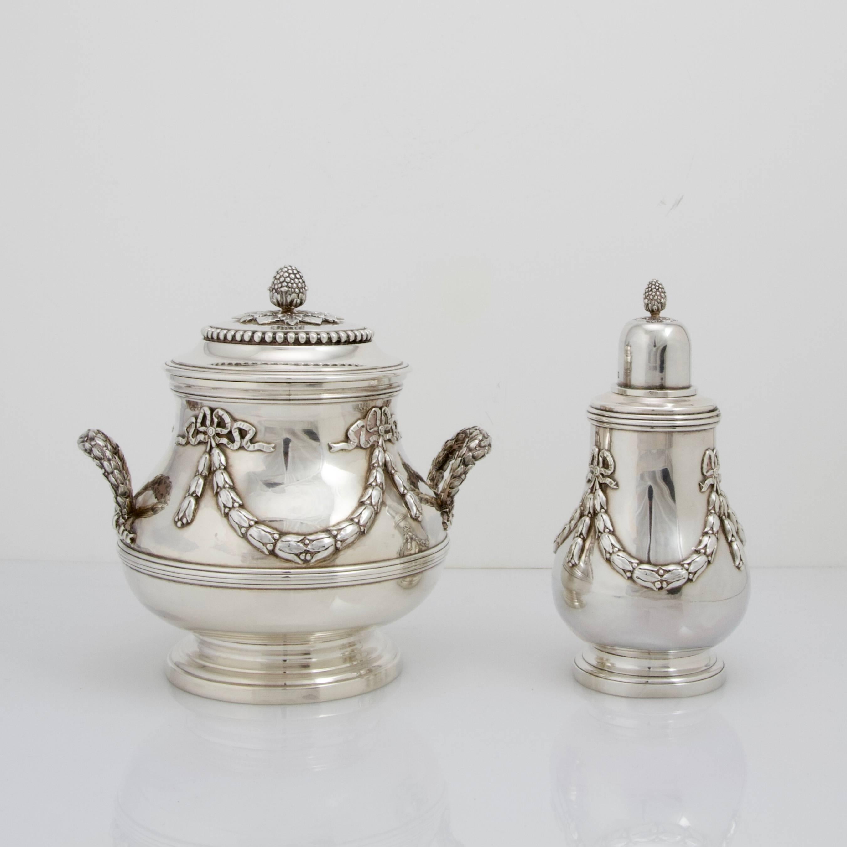 Hand-Crafted Antique Sterling Silver Complete Chocolate Tea and Coffee Set by Aucoc For Sale