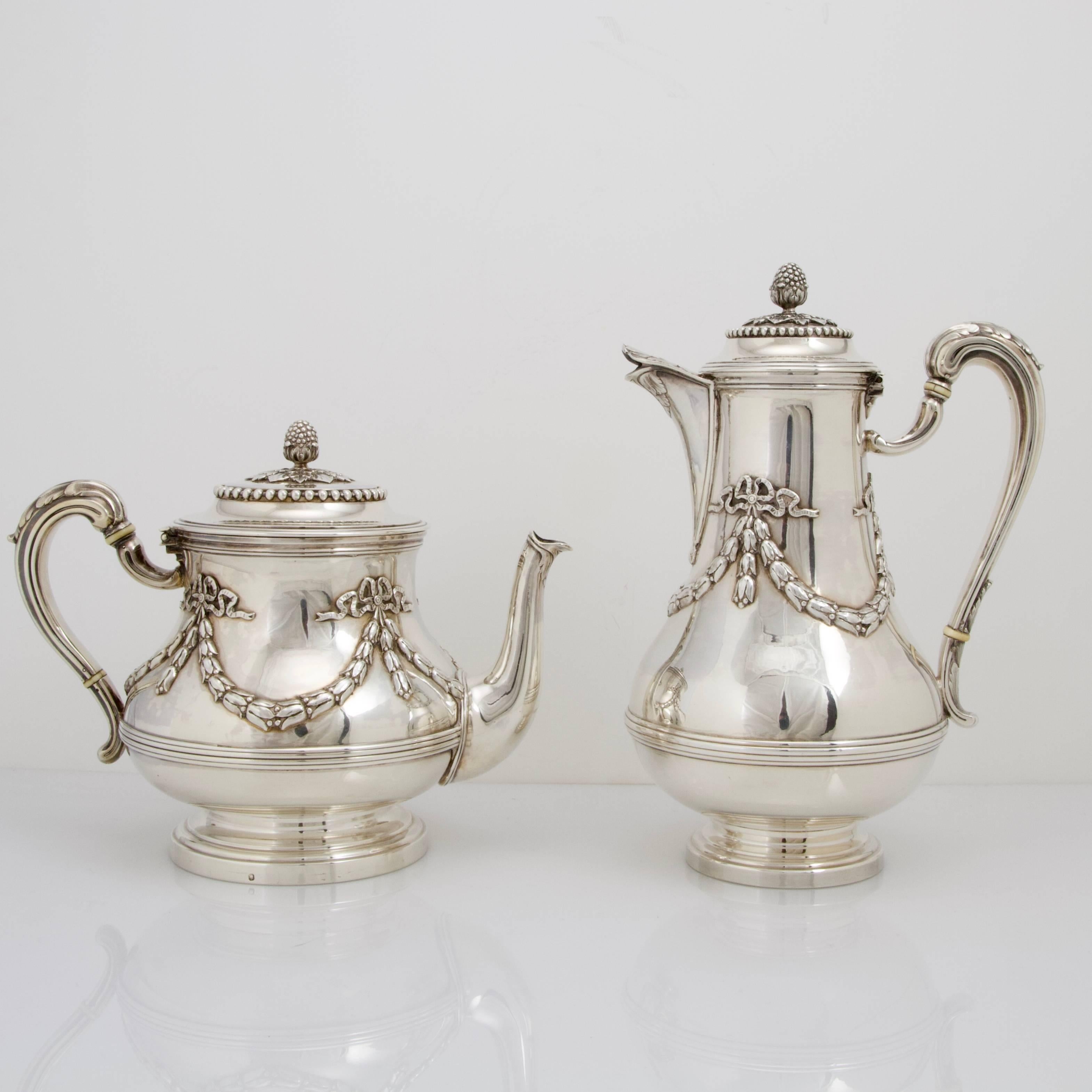 French Antique Sterling Silver Complete Chocolate Tea and Coffee Set by Aucoc For Sale