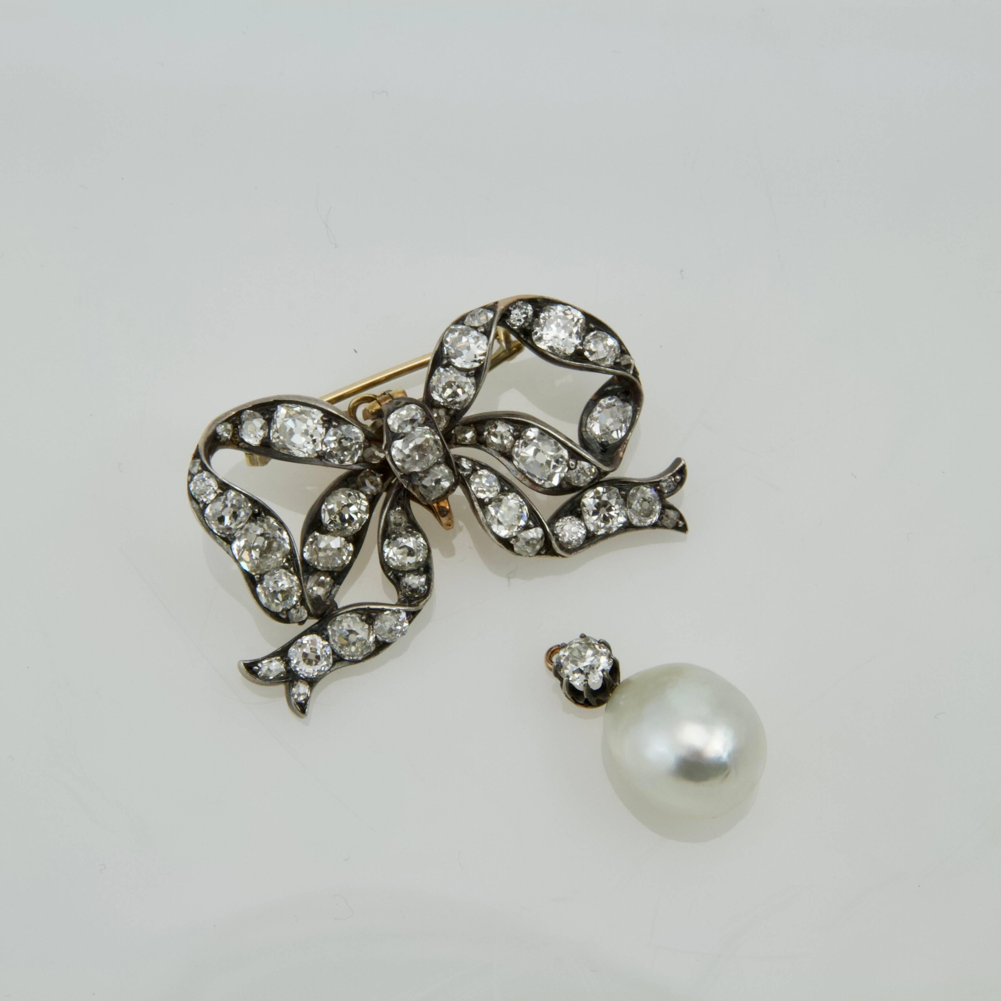 Louis XVI 19th Century Cultured Pearl and Diamond Bow-Brooch