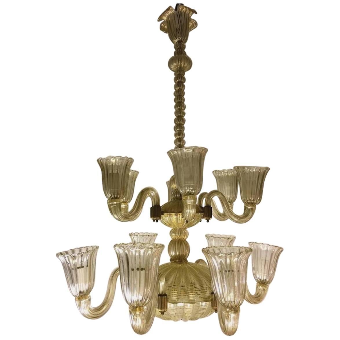 Italian Chandelier Gold Inclusion by Barovier & Toso, Murano, 1940s For Sale