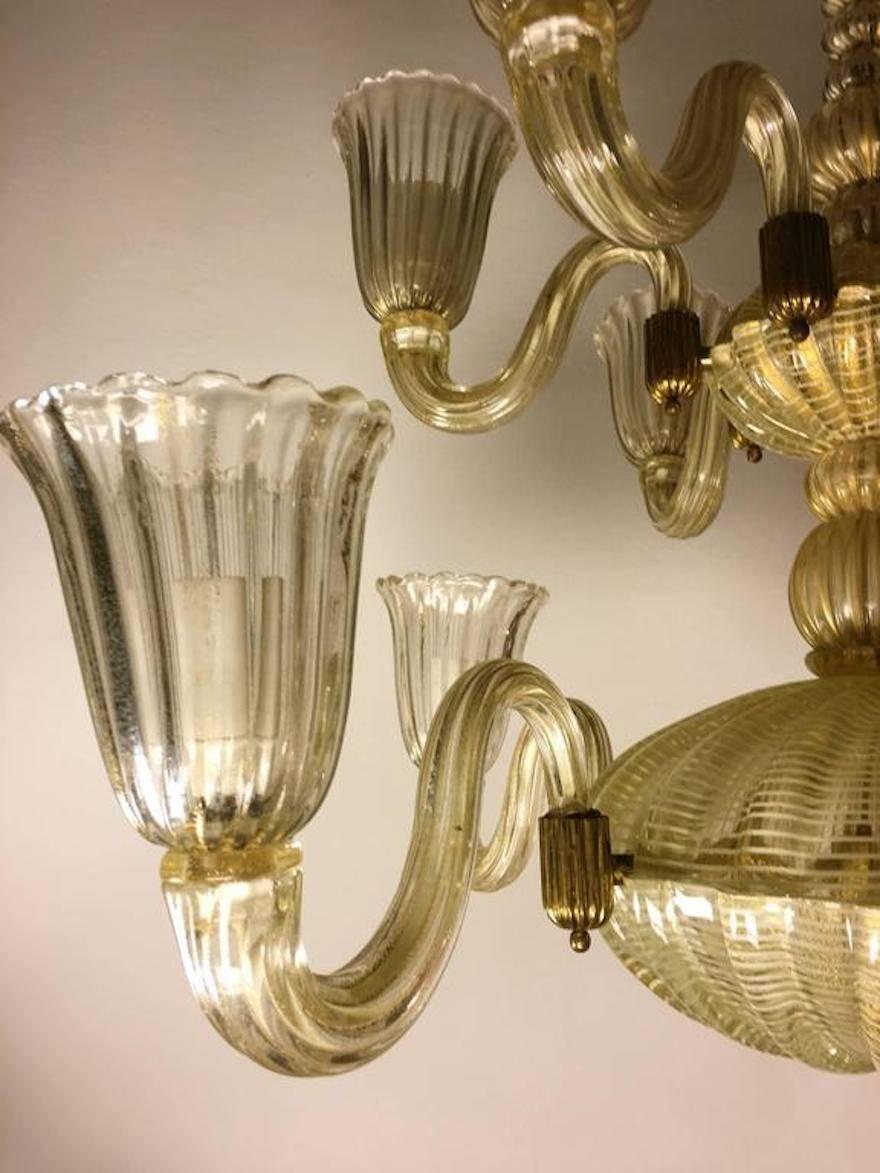 Italian Chandelier Gold Inclusion by Barovier & Toso, Murano, 1940s For Sale 3