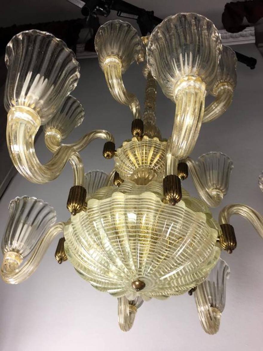 Italian Chandelier Gold Inclusion by Barovier & Toso, Murano, 1940s For Sale 4