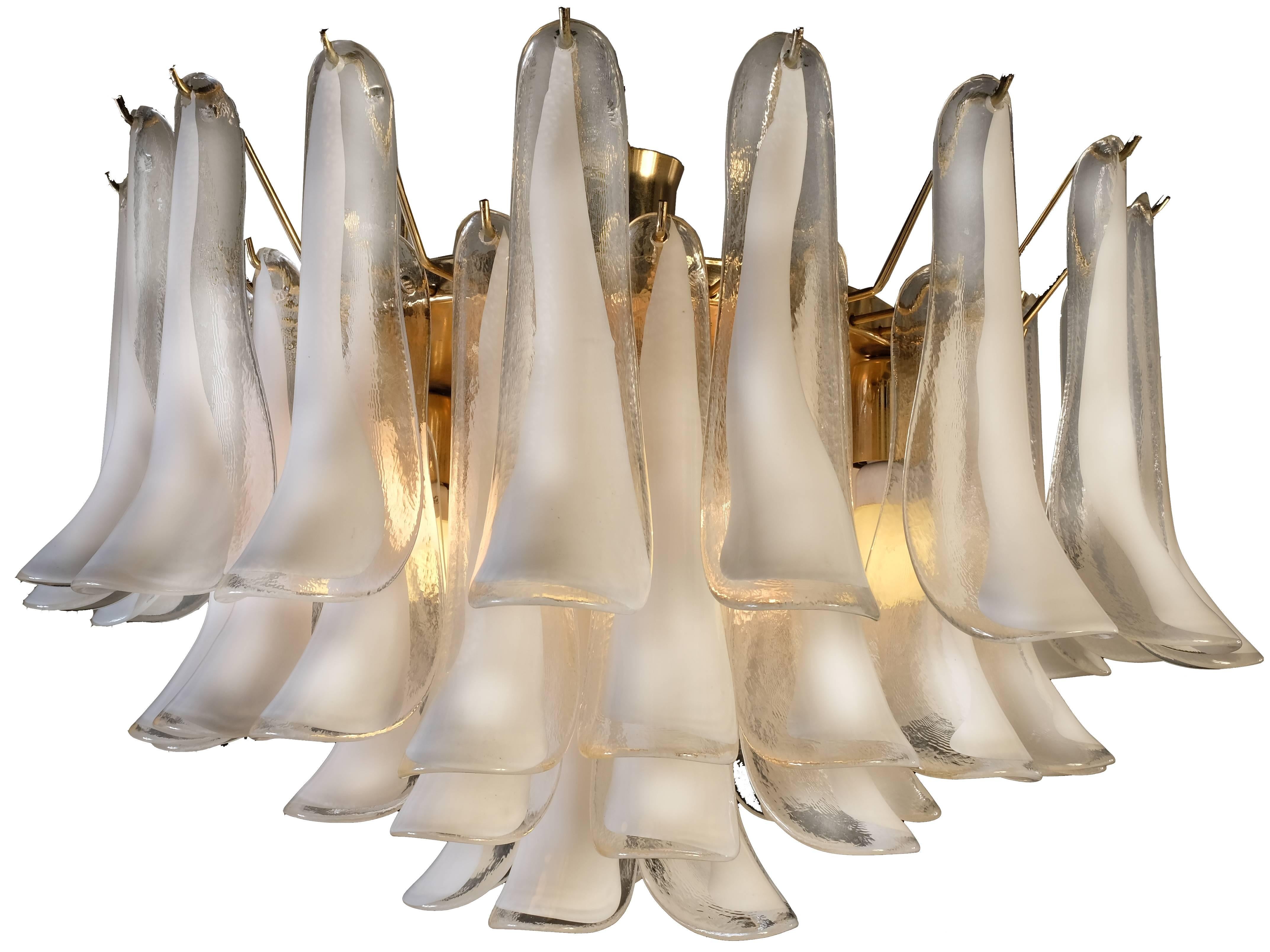 Charming Italian chandelier by Murano. Made by 50 glass petals white lattimo. Measures: Height cm 80, diameter cm 65.