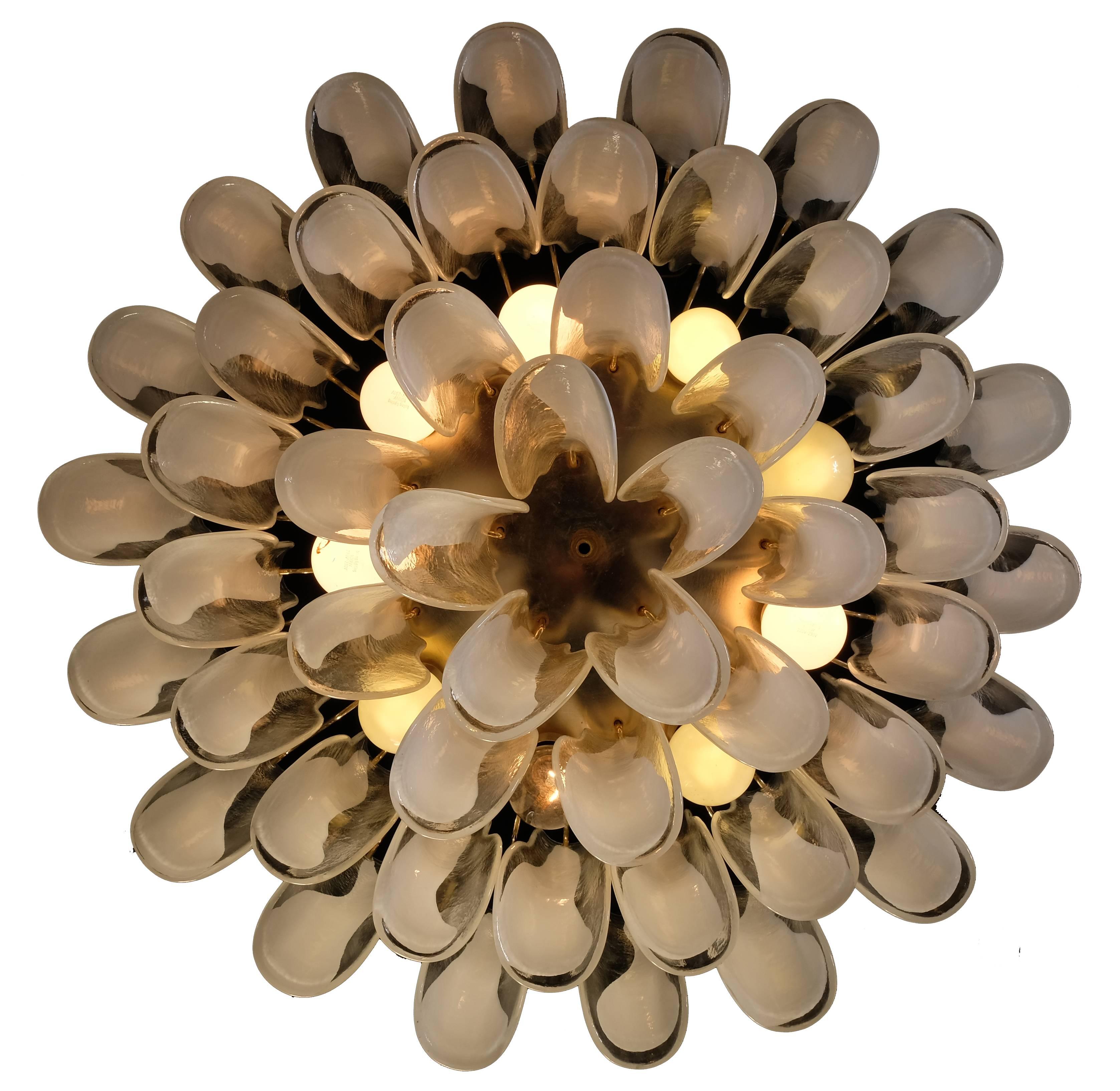 Italian Spectacular Pair of White Petals Murano Glass Chandeliers