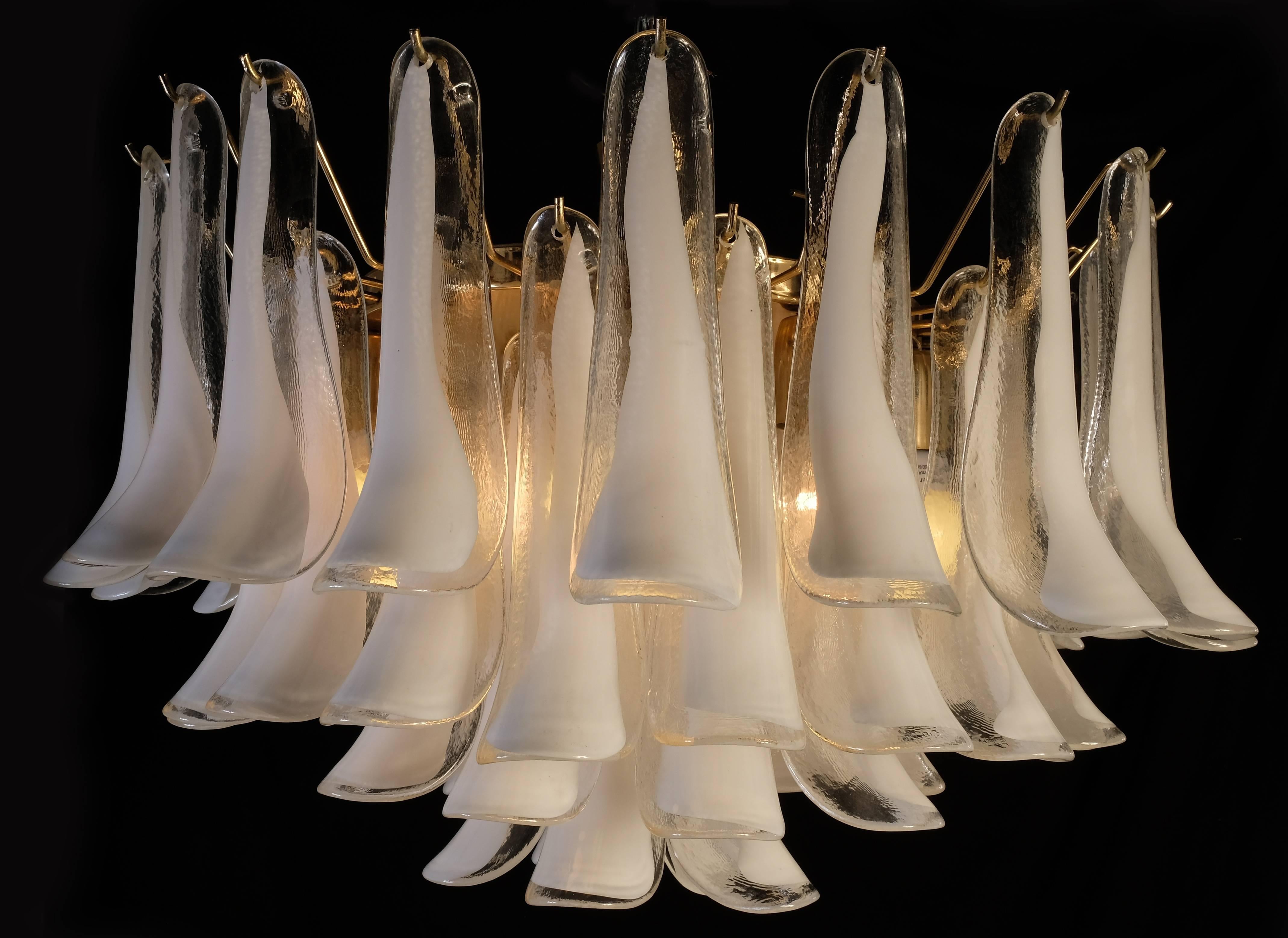 Spectacular Pair of White Petals Murano Glass Chandeliers 4