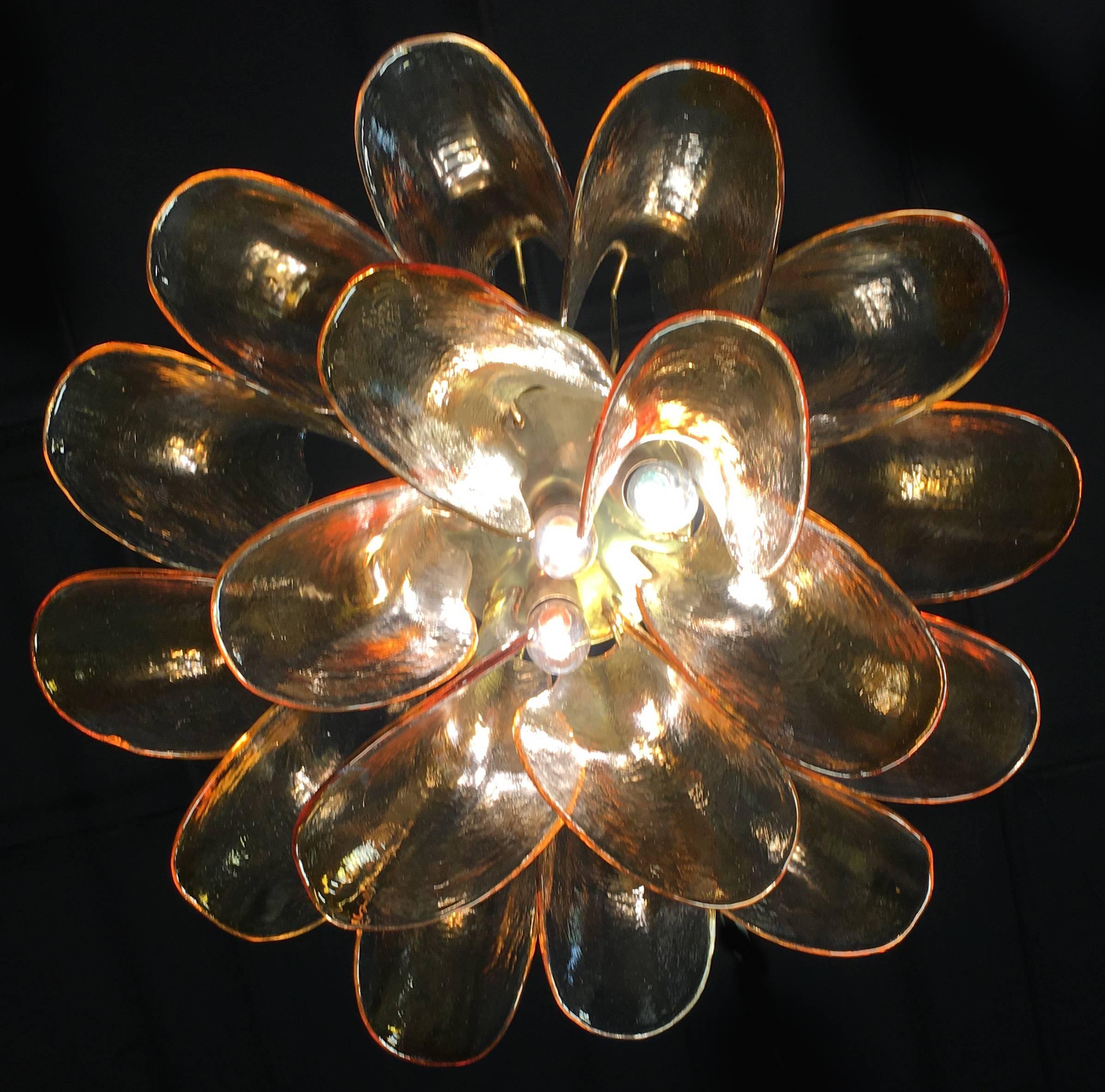 Charming pair of Italian Murano chandelier glass petals amber color.
