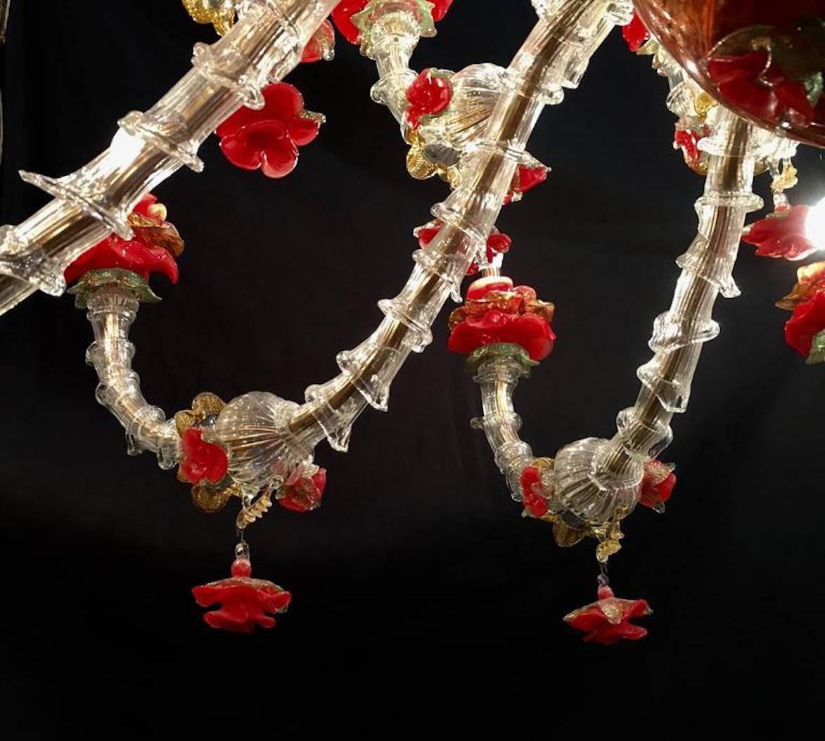 Murano Glass Sumptuous Italian Chandelier Red and Gold, Murano, 1980s
