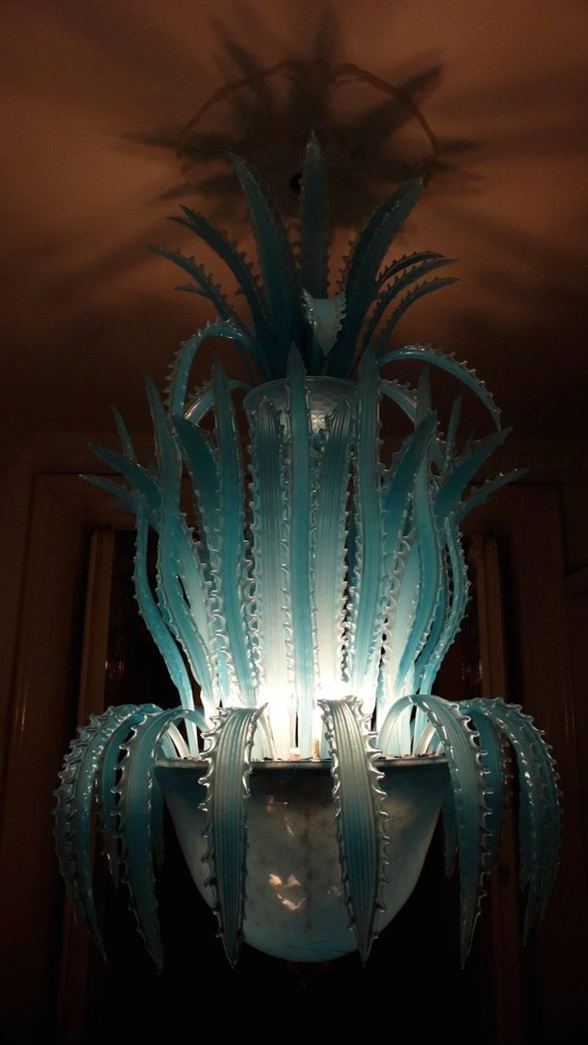 Waterfall handblown glass chandelier by Murano. 

Dimensions: height 100 cm, width 70 cm. Two cups.