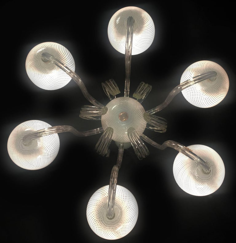 Six-arm chandelier by Venini, Italy. Handblown glass using the ‘Reticello’ technique.