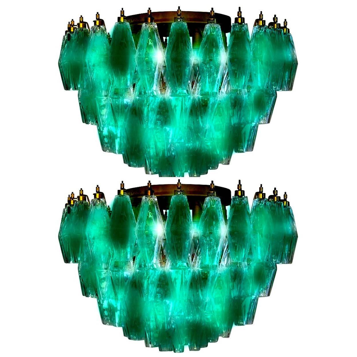 Pair of Emerald Poliedri Chandeliers in the Style of Carlo Scarpa, Murano