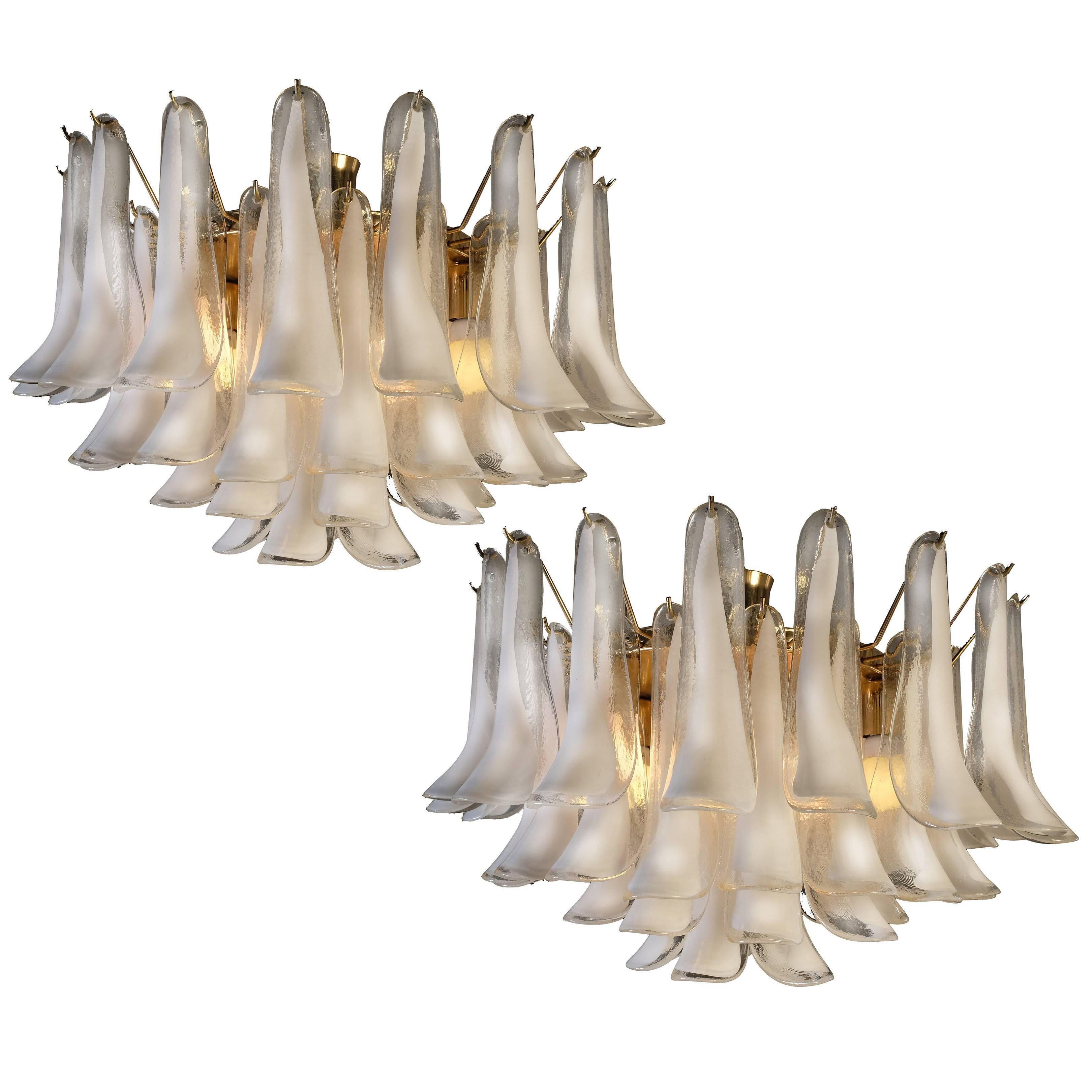 Spectacular Pair of White Petals Murano Glass Chandeliers For Sale