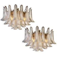 Vintage Spectacular Pair of White Petals Murano Glass Chandeliers