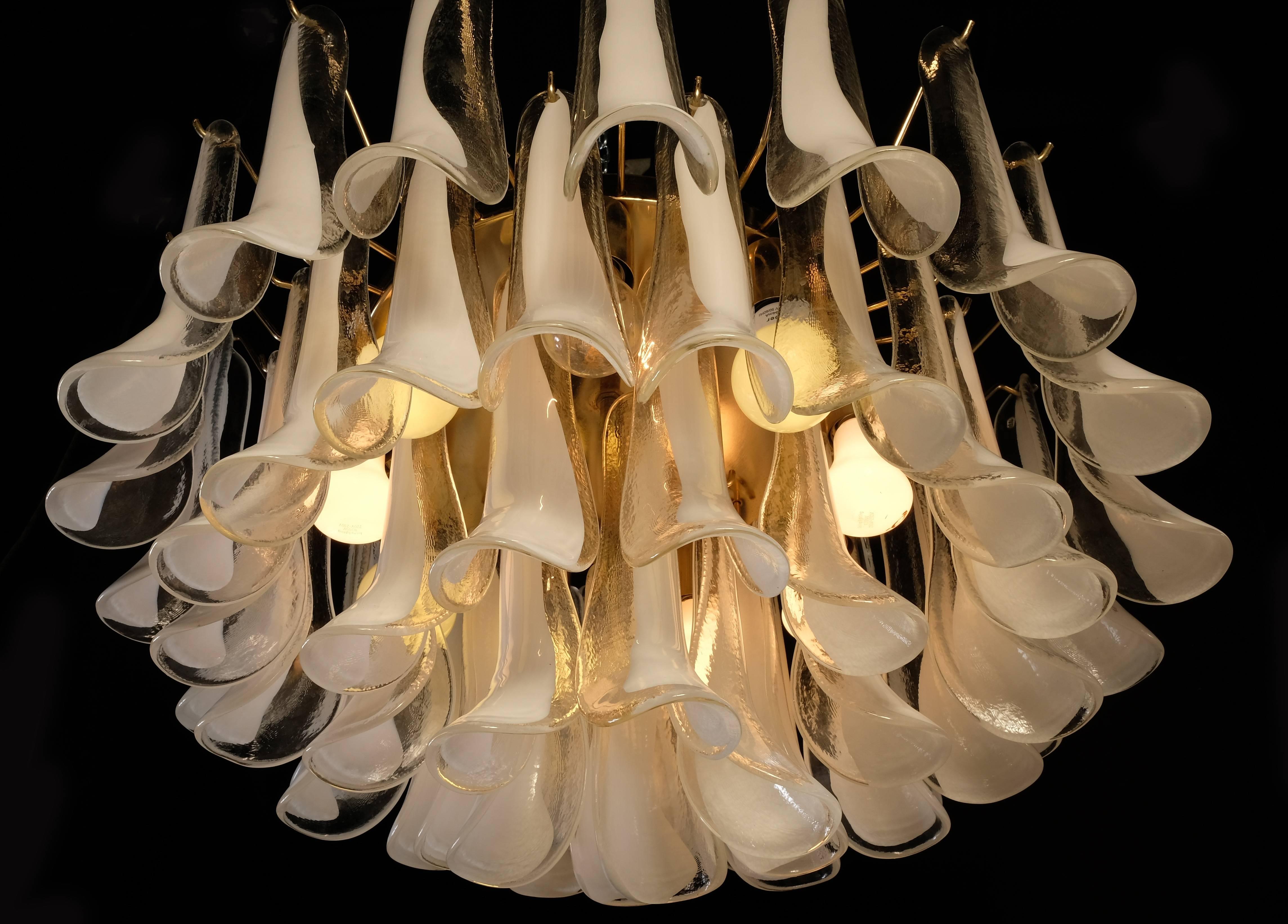 Spectacular Pair of White Petals Murano Glass Chandeliers For Sale 13