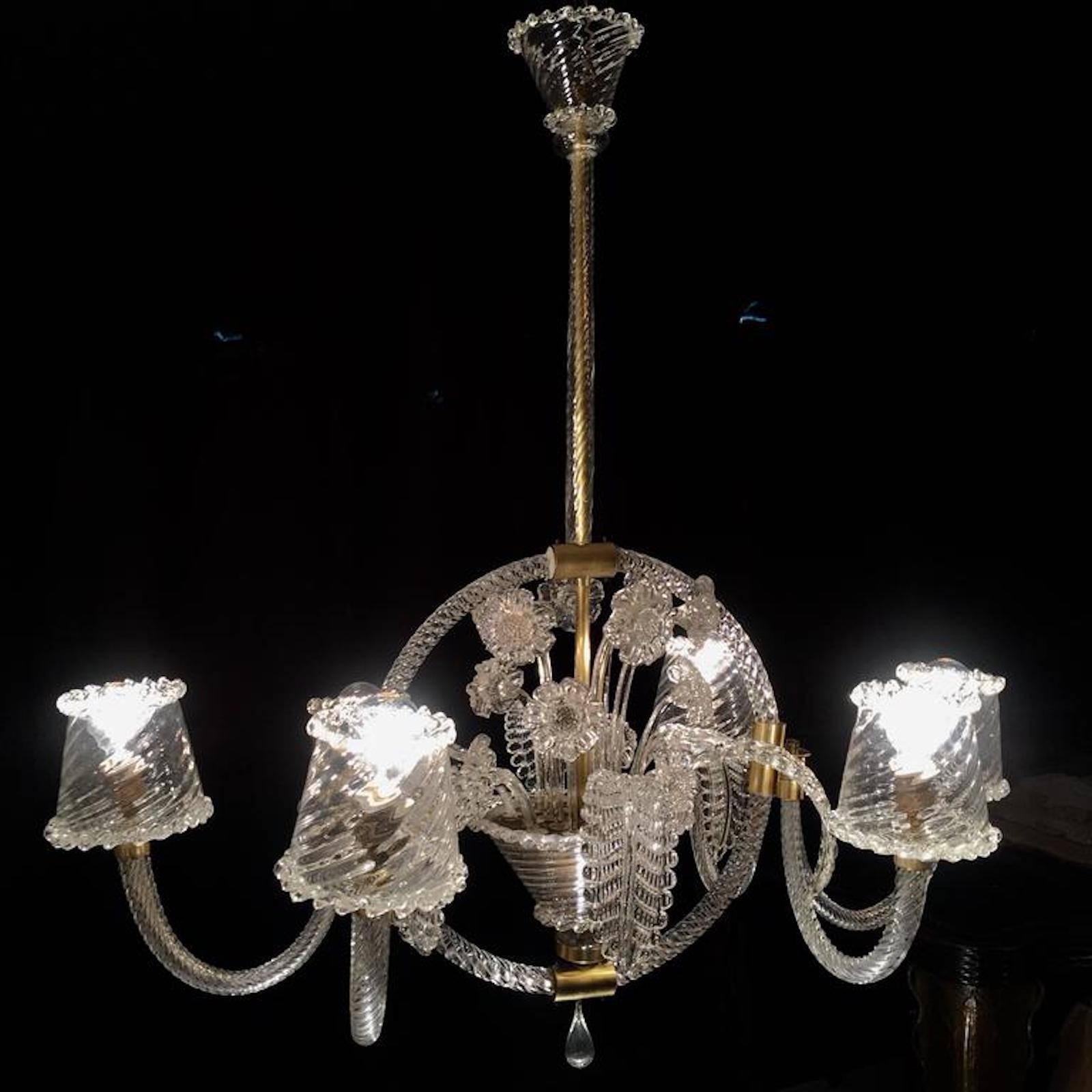 Majestic liberty chandelier made, circa 1940, to the Murano glass factory by Ercole Barovier. Six large cups and 18 leaves and flowers. From private collection Von Plant Baron.