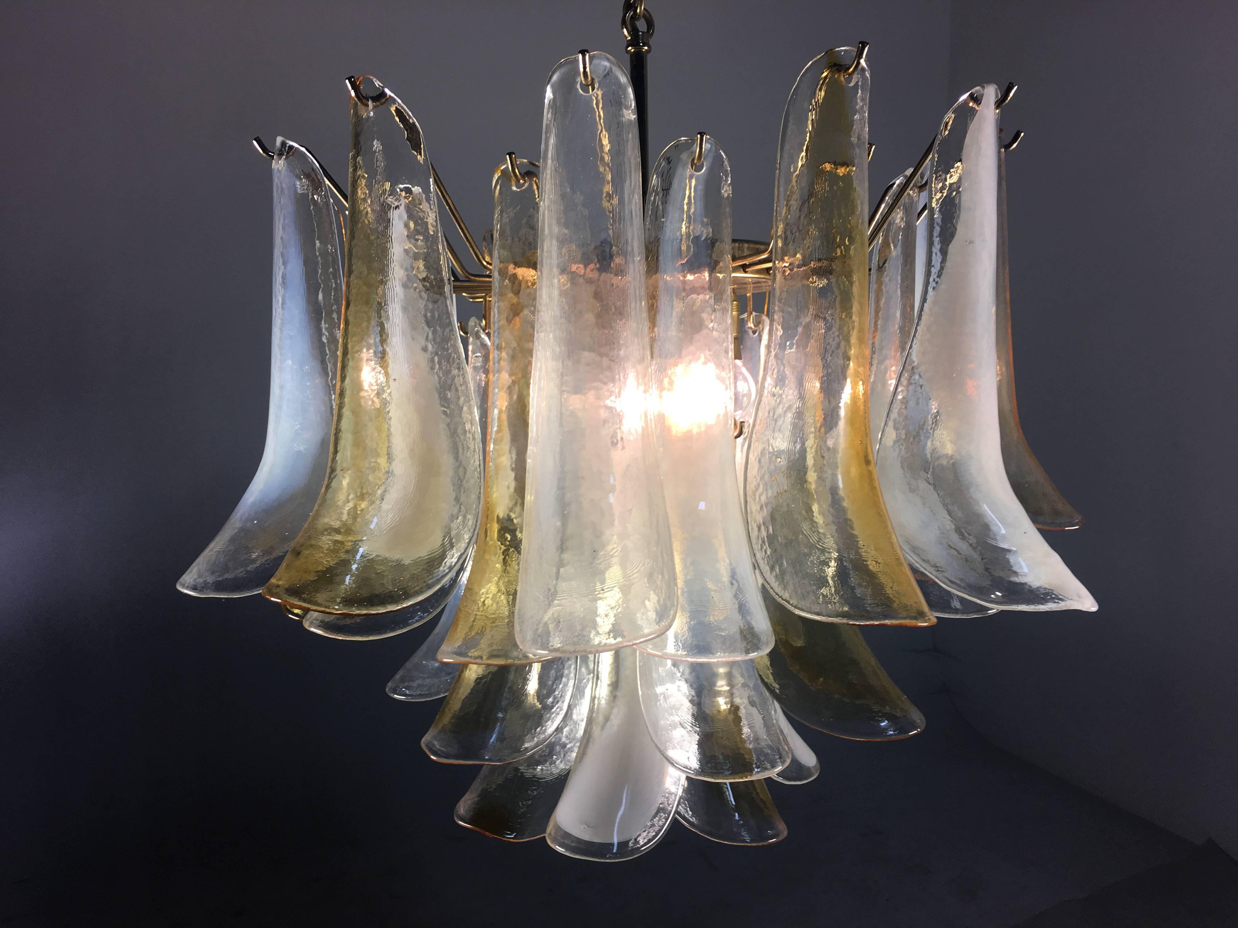 Italian Elegant Pair of Chandeliers White and Amber Petals, Murano, 1990s For Sale