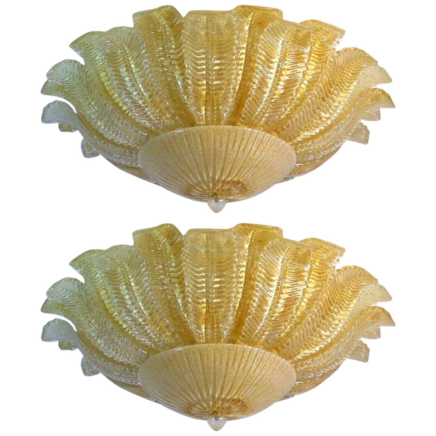 Pair of Large Ceiling Leaves Barovier & Toso Style, Murano, 1980s For Sale