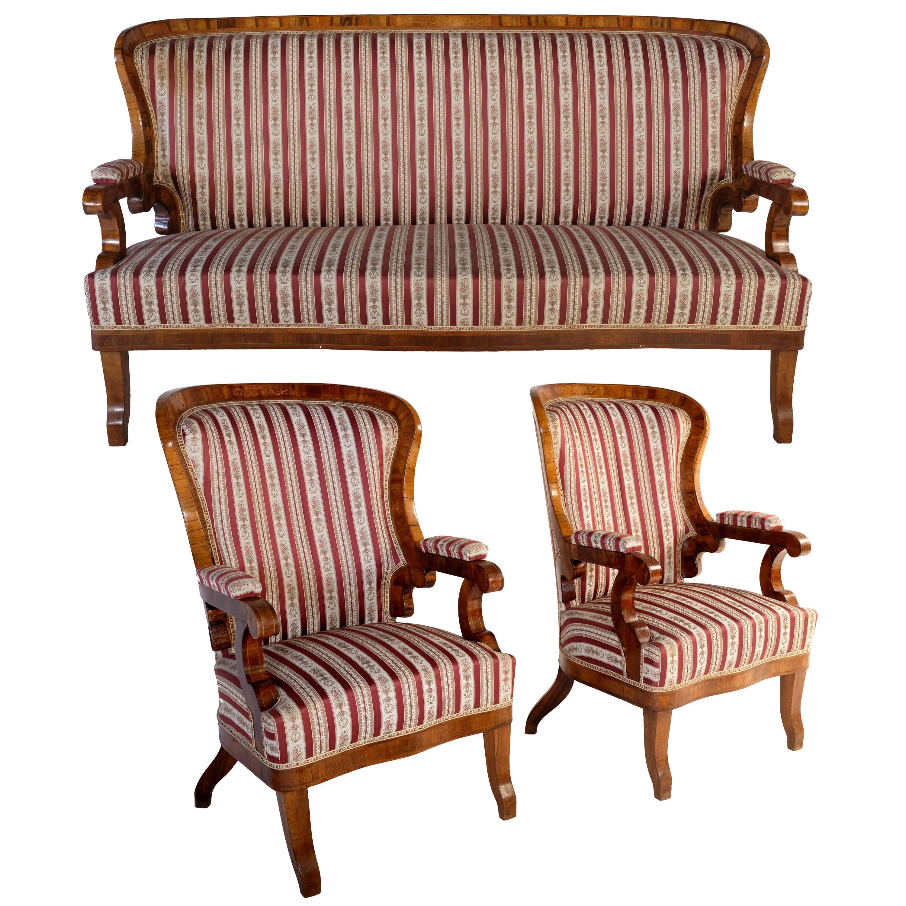 Seating Set Biedermeier, Sofa and Two Armchairs, 1870s