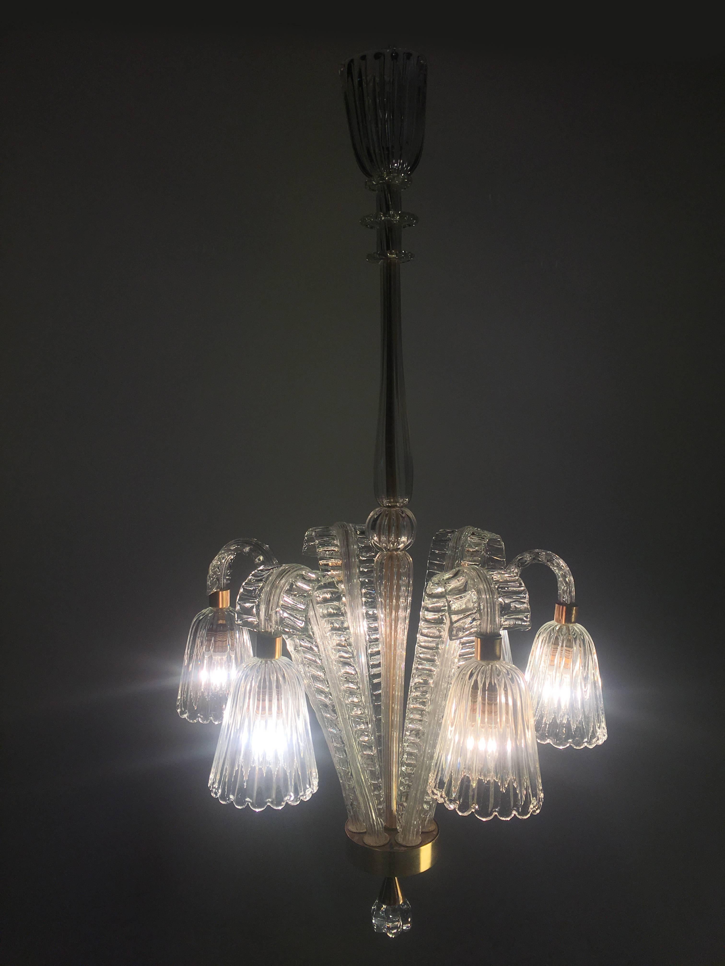 Charming Art Deco Chandelier by Ercole Barovier, Murano, 1940s In Excellent Condition For Sale In Budapest, HU