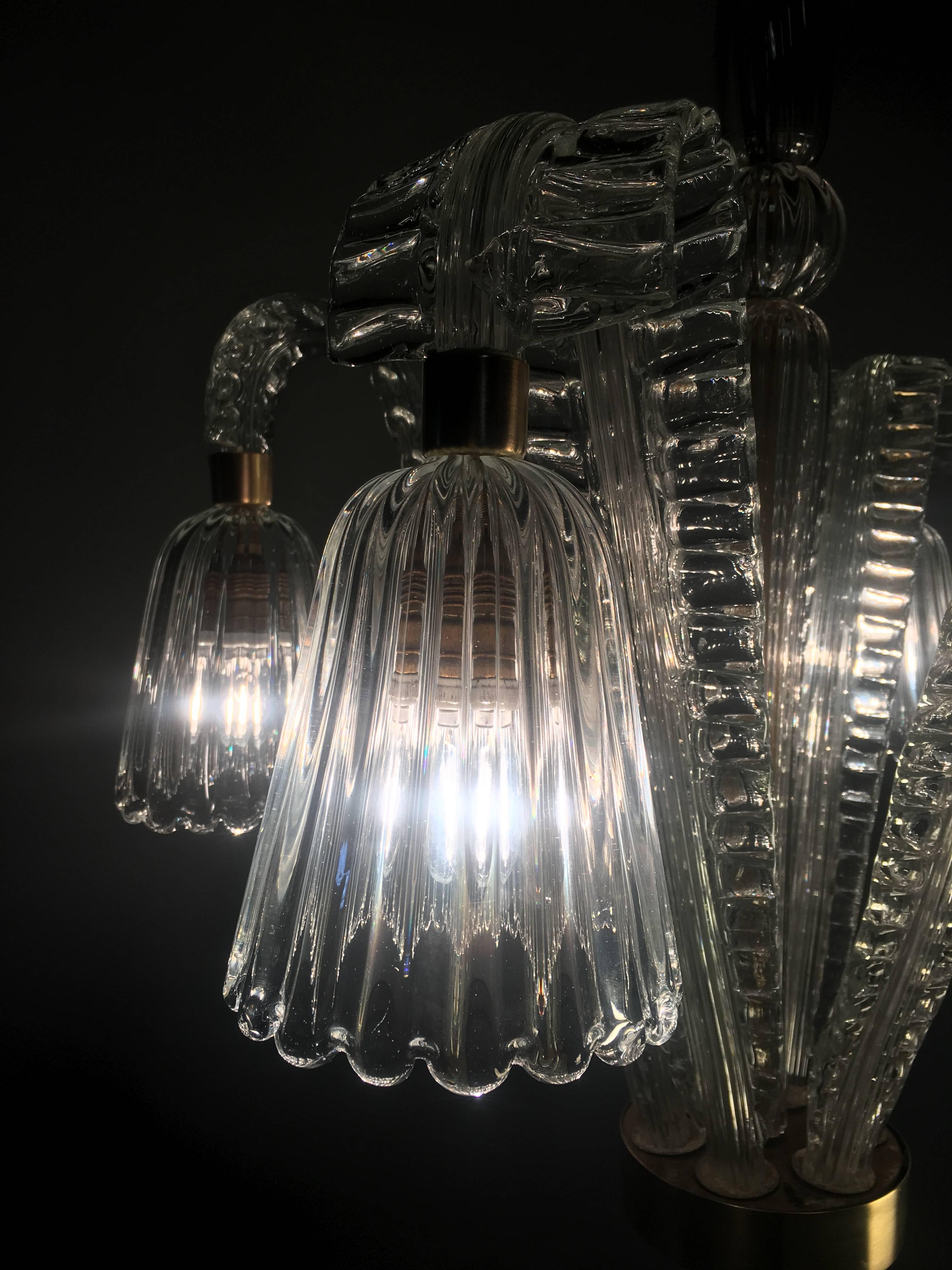 Brass Charming Art Deco Chandelier by Ercole Barovier, Murano, 1940s For Sale