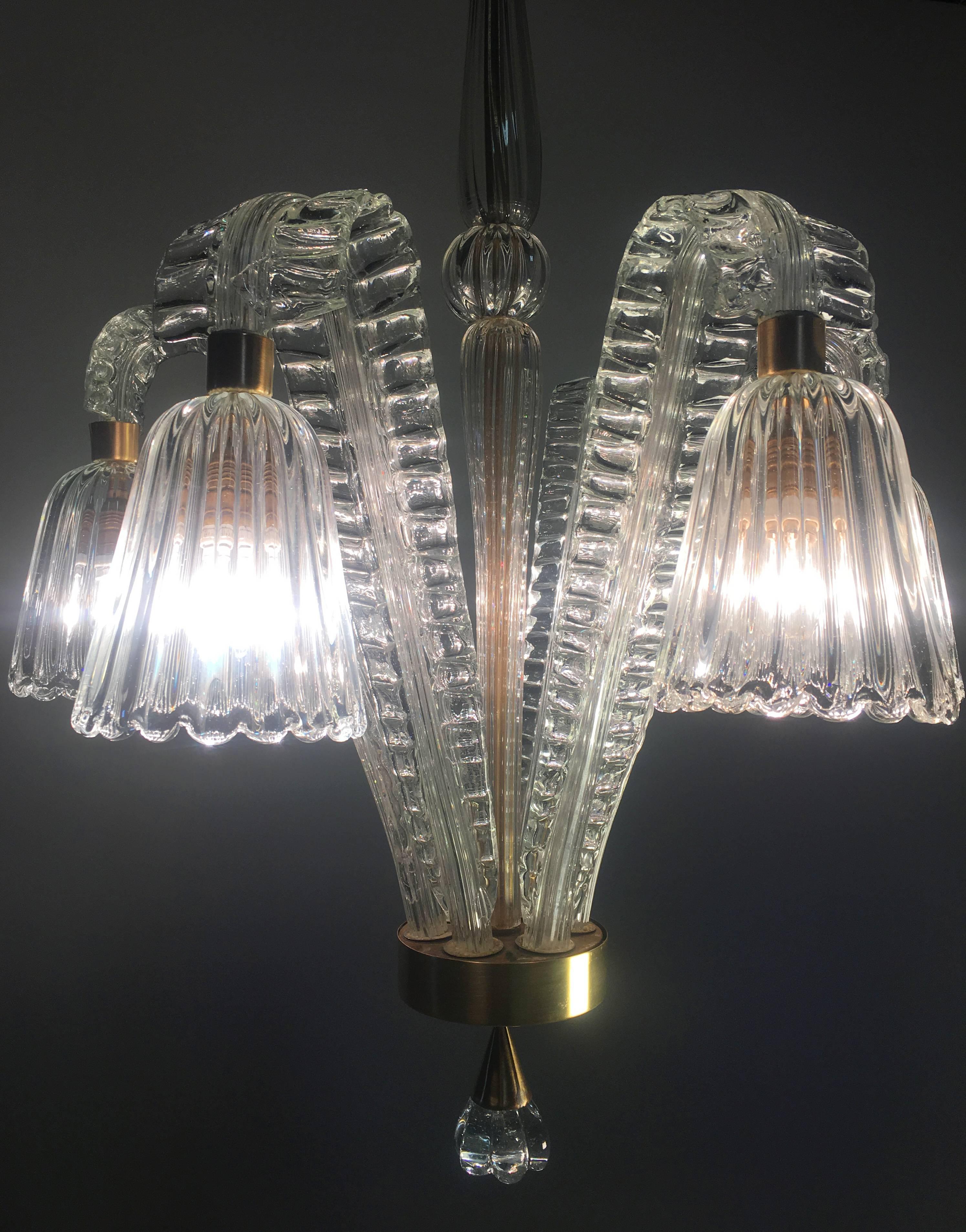 Charming Art Deco Chandelier by Ercole Barovier, Murano, 1940s For Sale 1