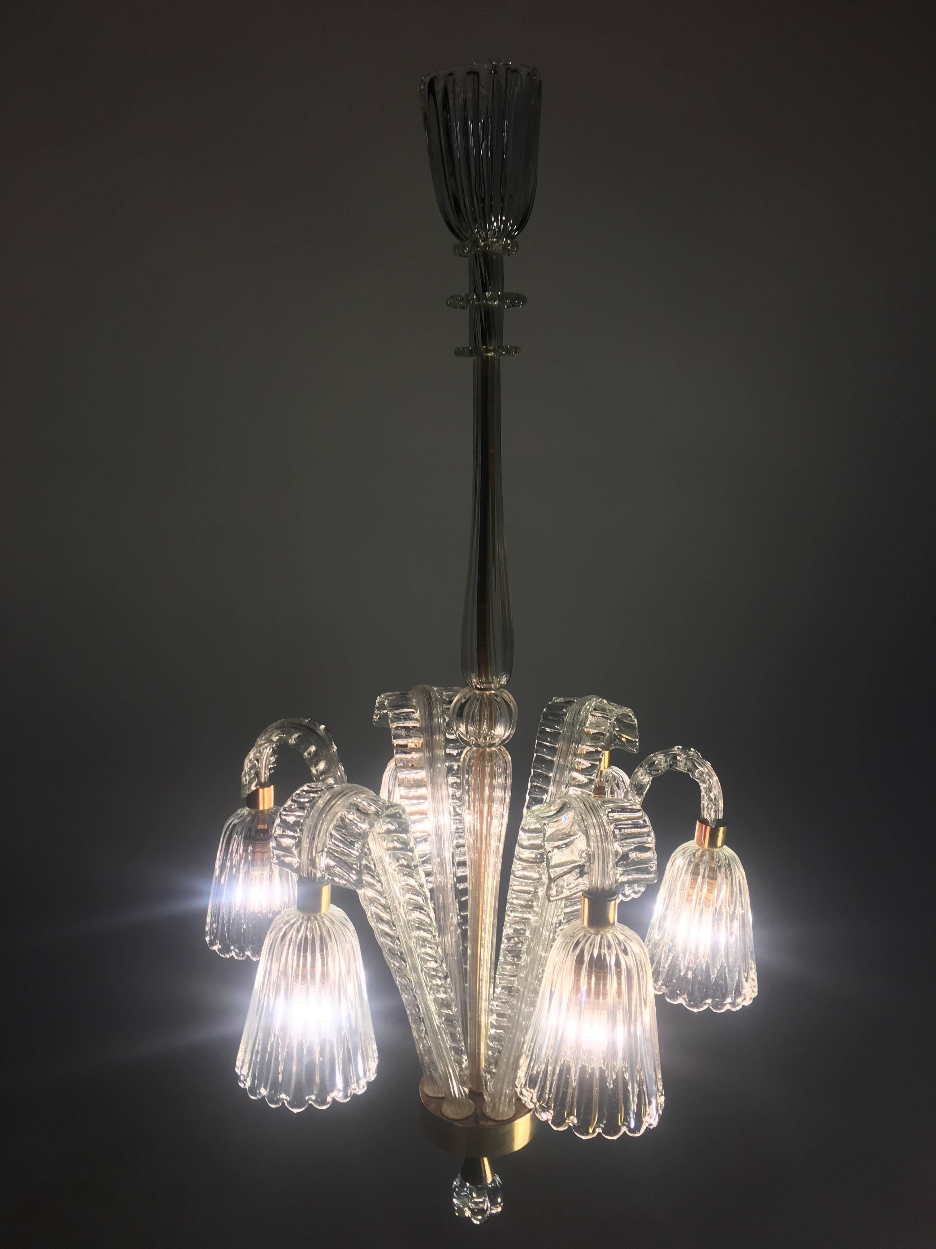 Charming Art Deco Chandelier by Ercole Barovier, Murano, 1940s For Sale 4