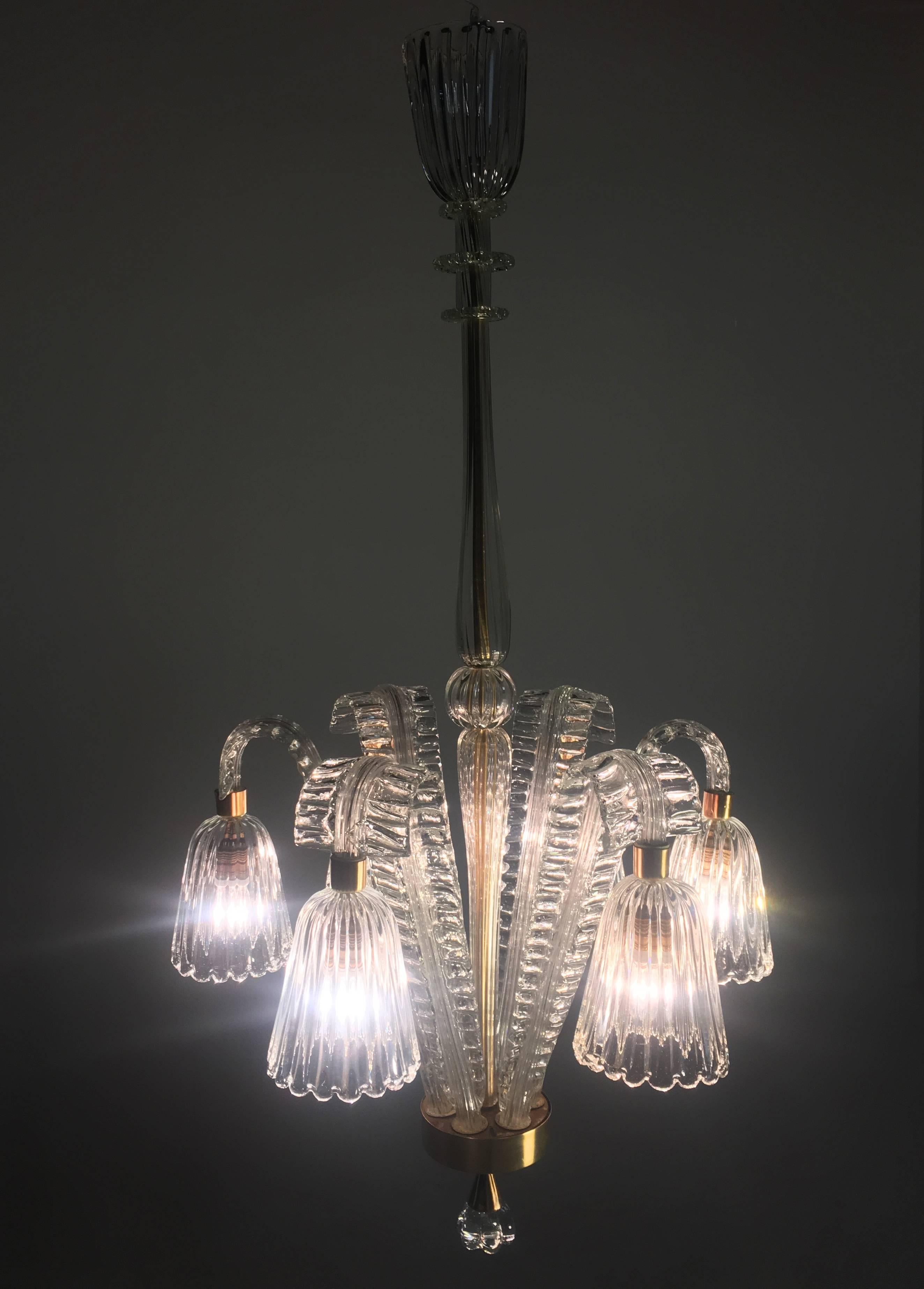 Charming Art Deco Chandelier by Ercole Barovier, Murano, 1940s For Sale 8