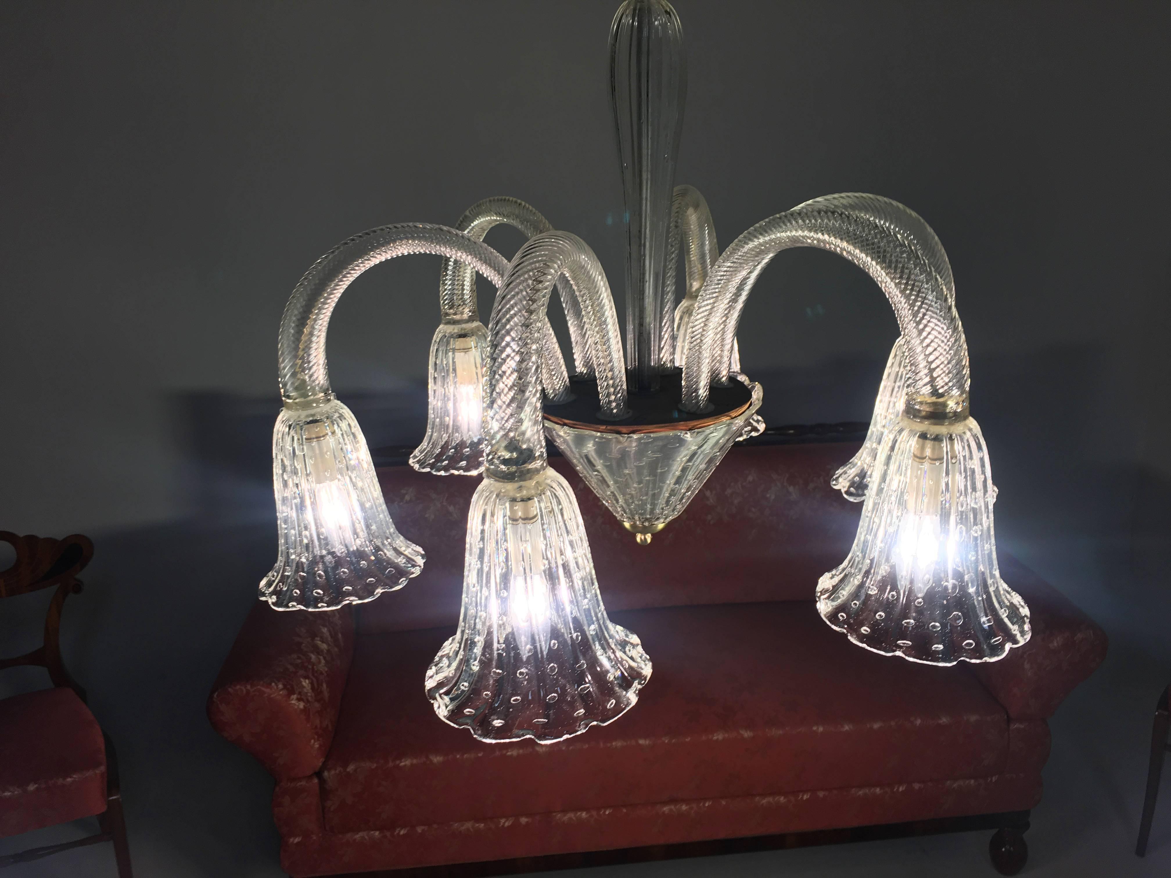 Brass Art Deco Chandelier by Ercole Barovier, Murano, 1940s For Sale