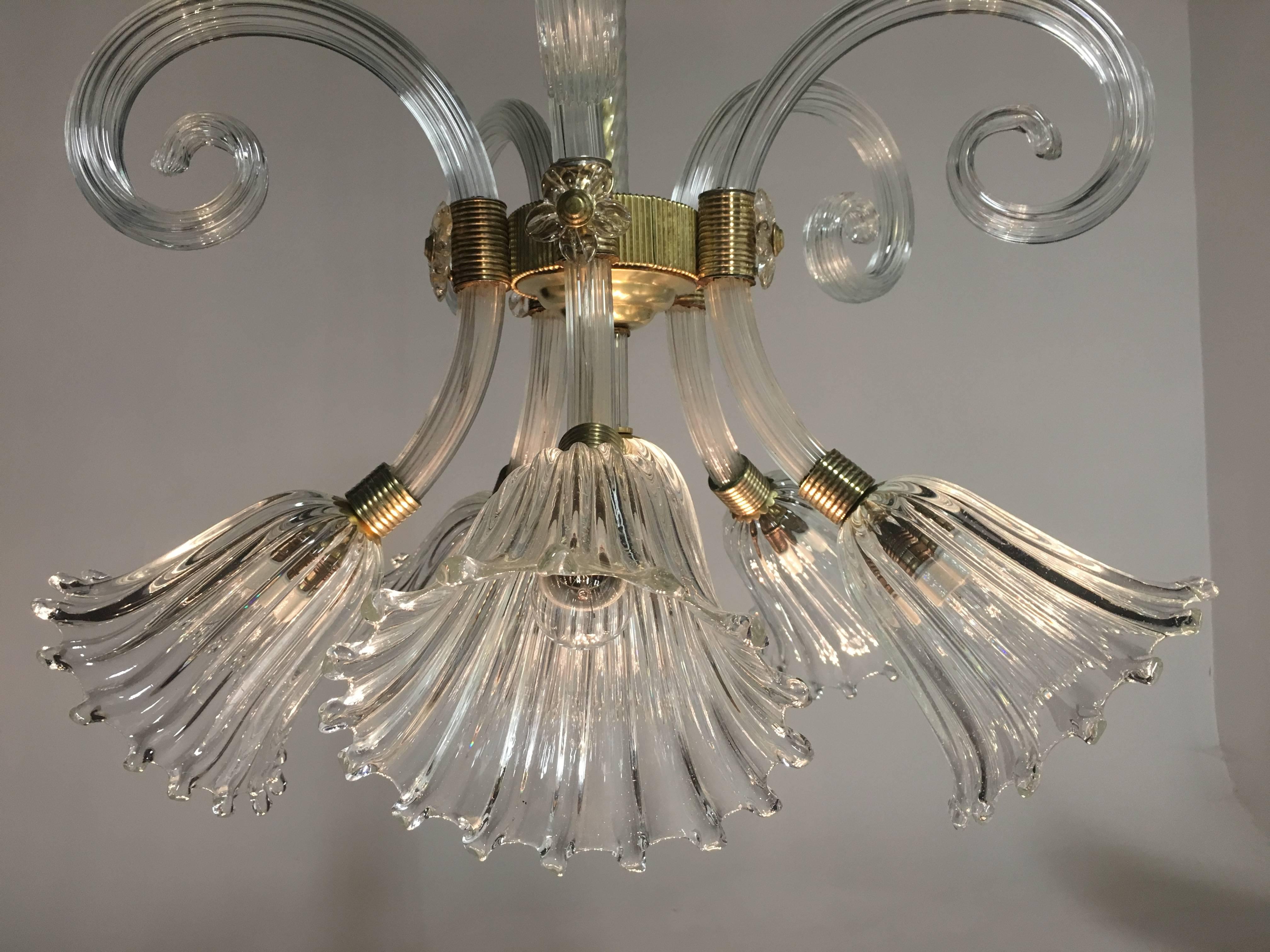 Italian Art Deco Chandelier by Ercole Barovier, Murano, 1940s