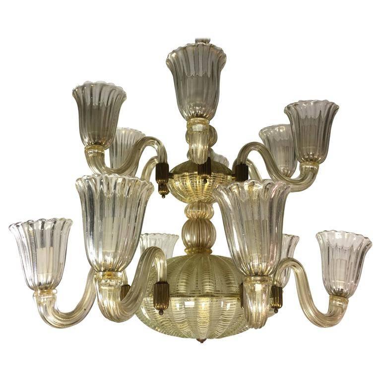 Italian Chandelier Gold Inclusion by Barovier & Toso, Murano, 1940s For Sale