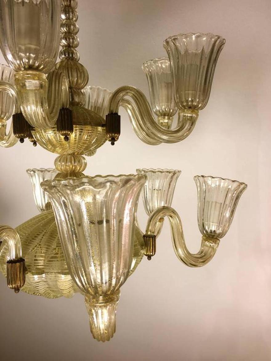 Brass Italian Chandelier Gold Inclusion by Barovier & Toso, Murano, 1940s For Sale
