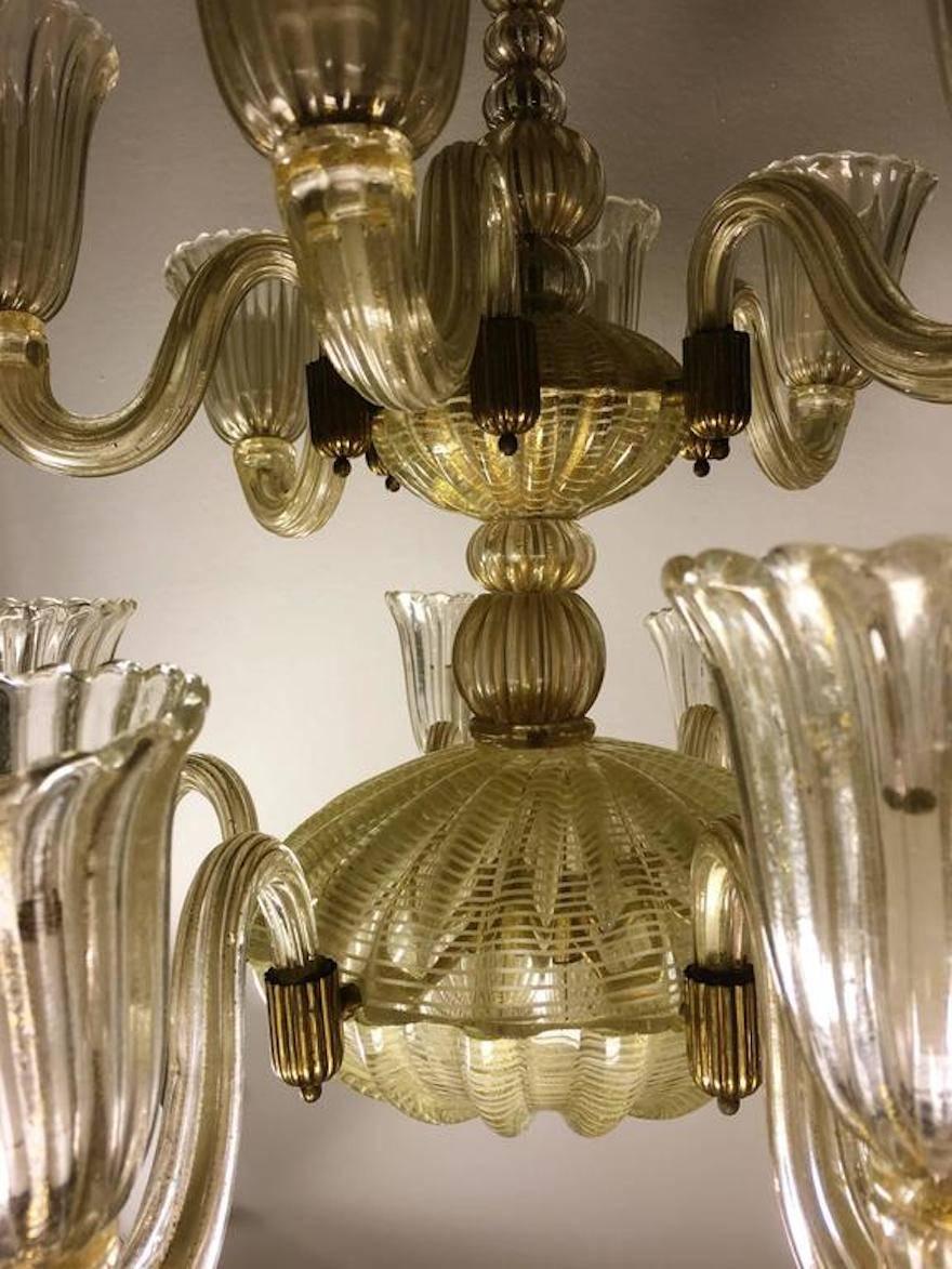 Italian Chandelier Gold Inclusion by Barovier & Toso, Murano, 1940s For Sale 6