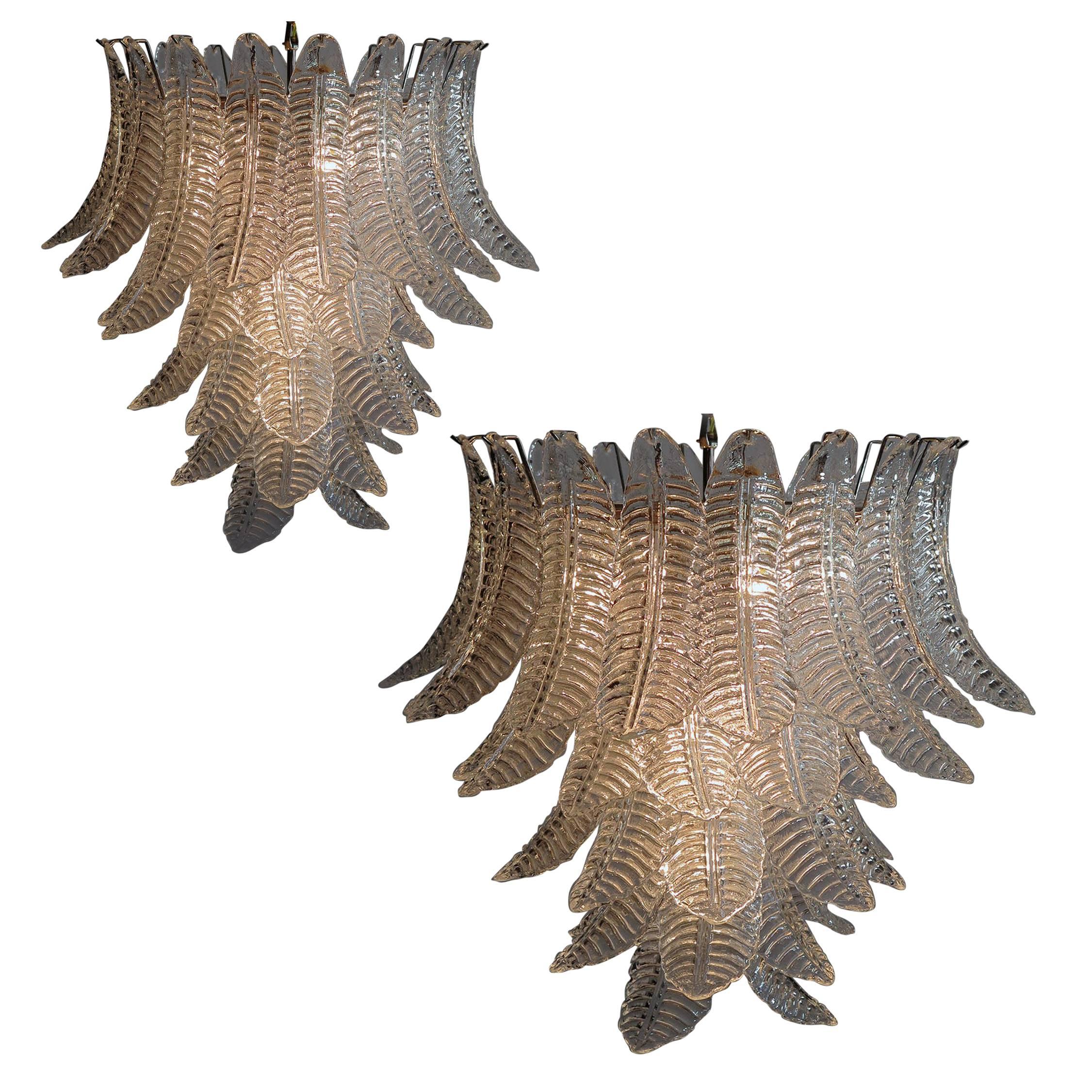 Pair of Italian Leaves Chandeliers, Barovier & Toso Style, Murano For Sale