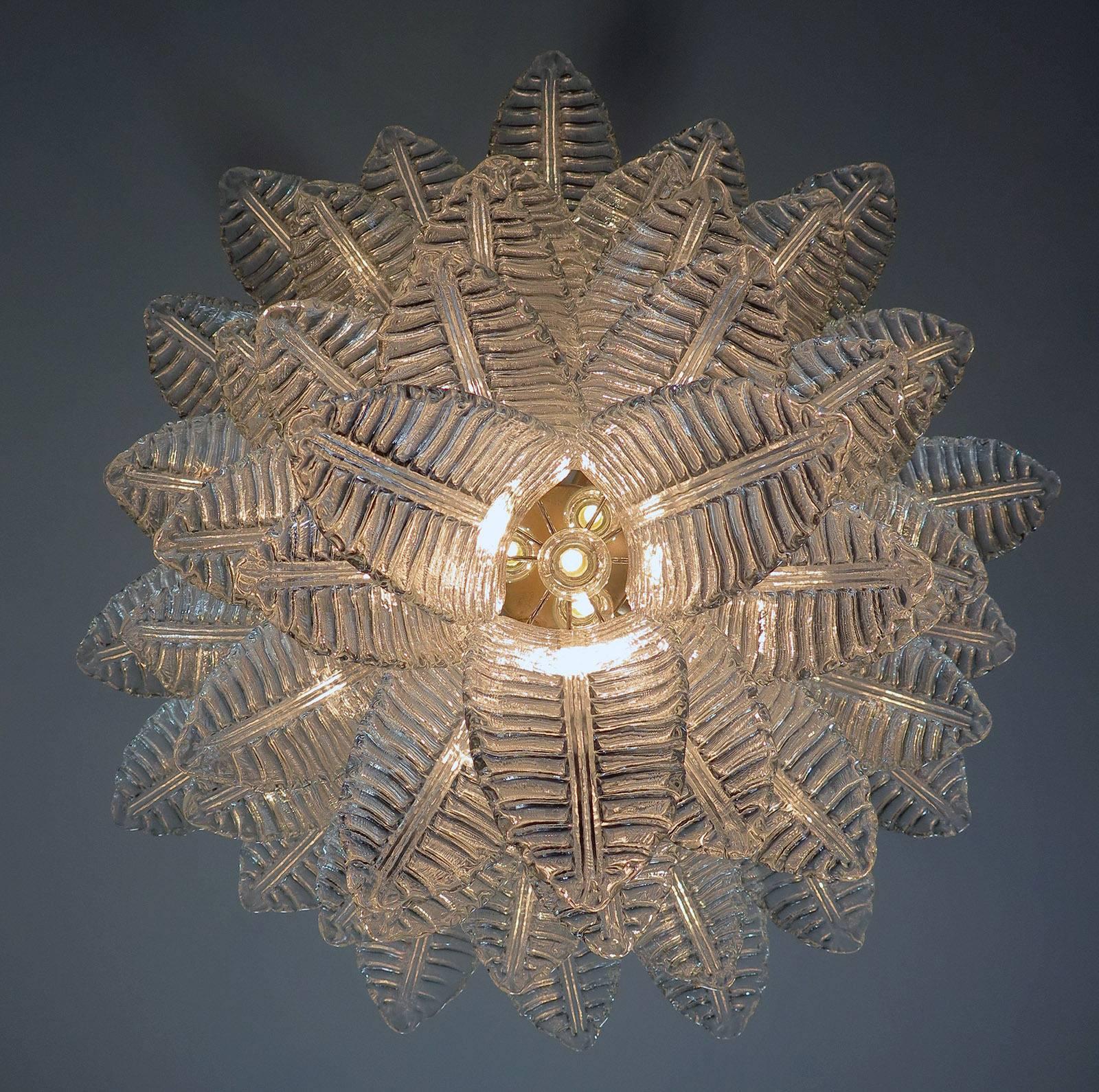 Late 20th Century Pair of Italian Leaves Chandeliers, Barovier & Toso Style, Murano For Sale