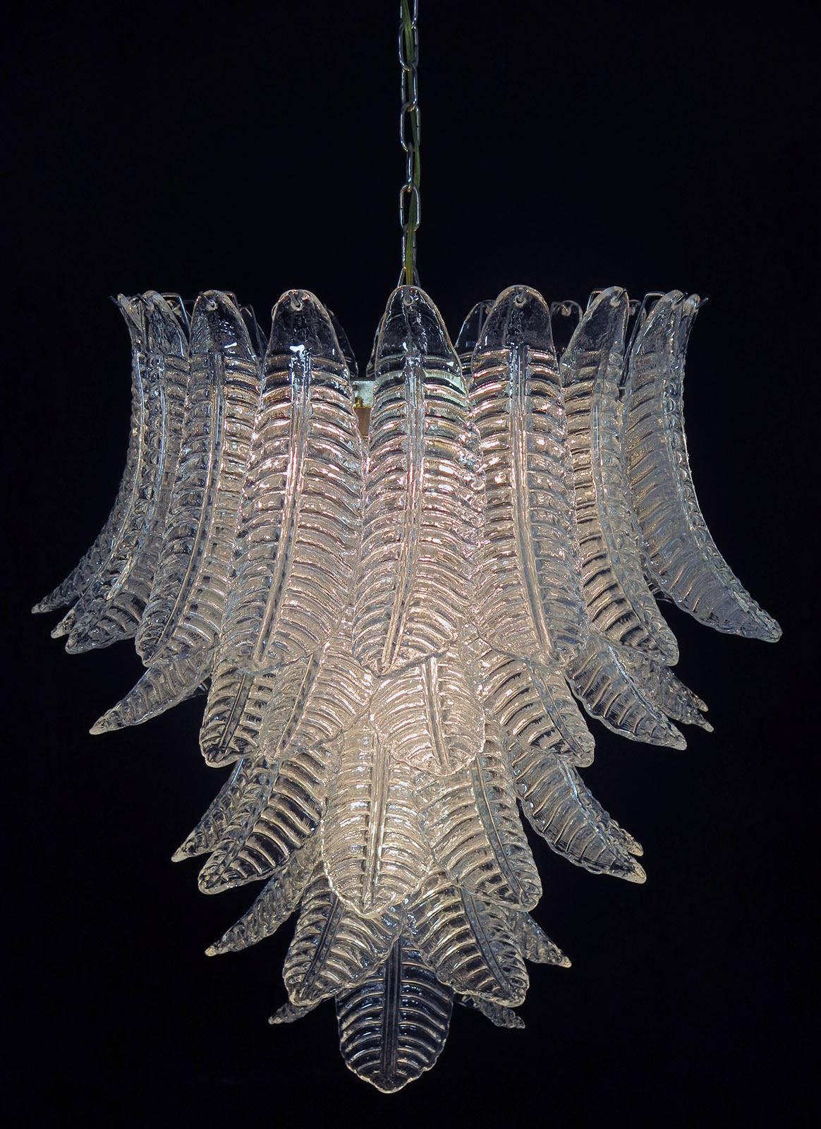Pair of Italian Leaves Chandeliers, Barovier & Toso Style, Murano For Sale 1