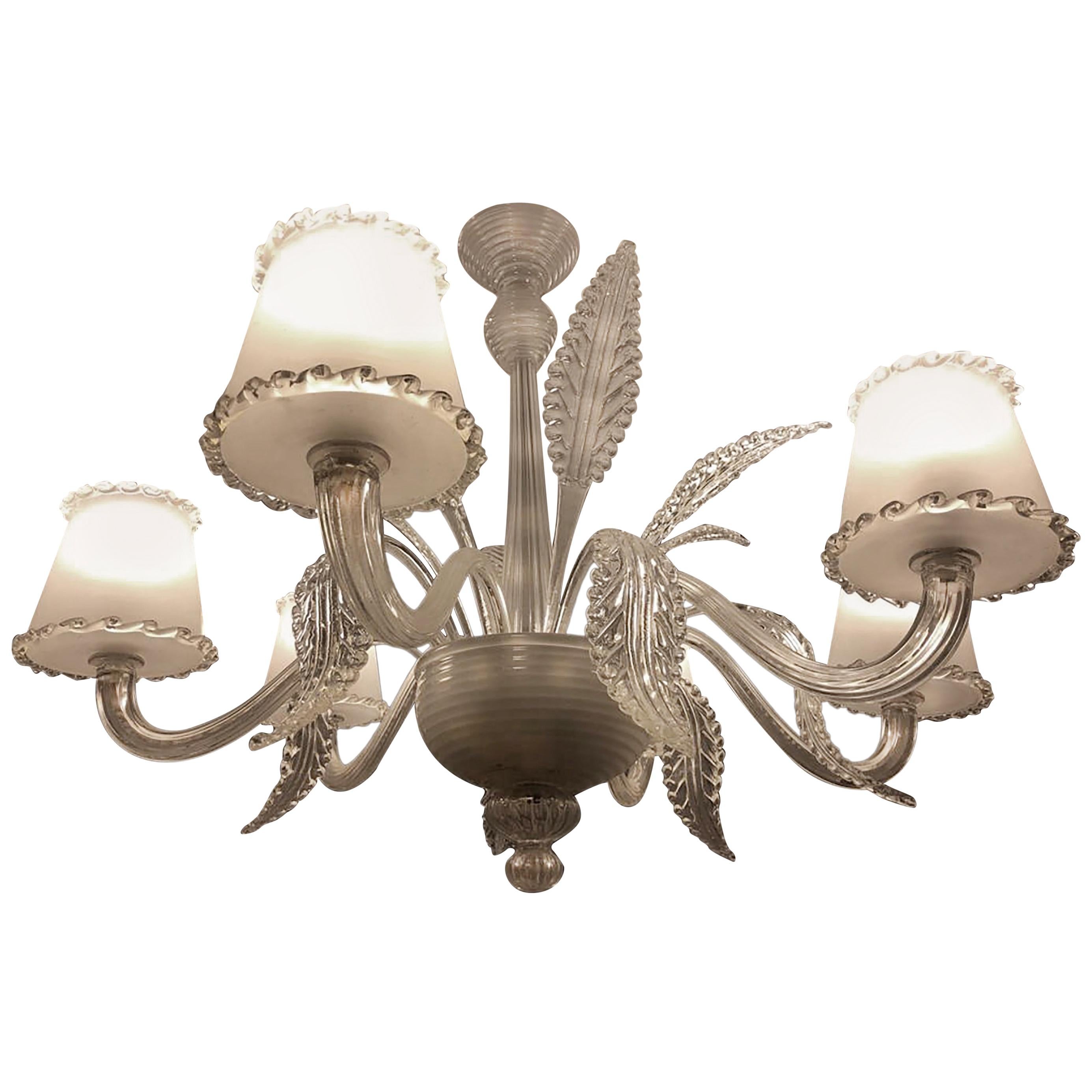 Italian Murano 1940s chandelier by Barovier e Toso with six large fluted and scalloped top shades. A masterpiece from the historic Murano furnace.