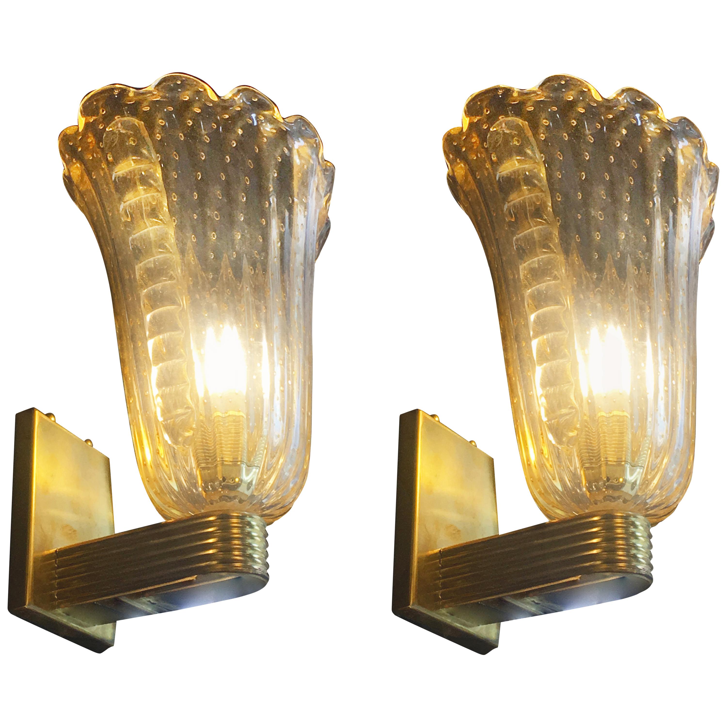 Fabulous Pair of Sconces 24-Karat Gold by Barovier and Toso, Murano, 1950s 5