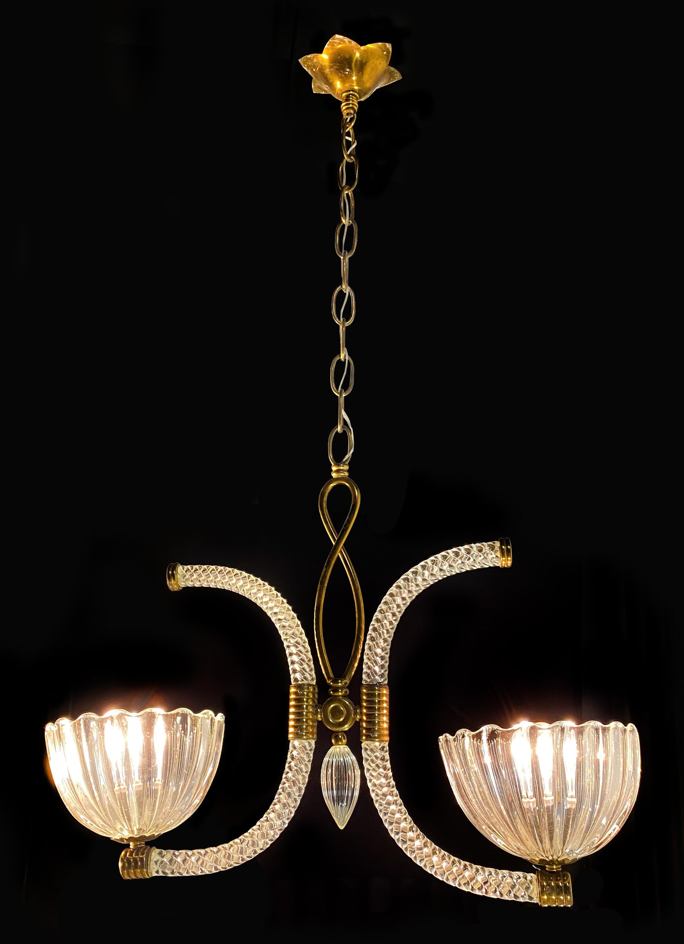 Wonderful and rare Art Deco chandelier by Ercole Barovier, 1940s. Two powerful arms worked 