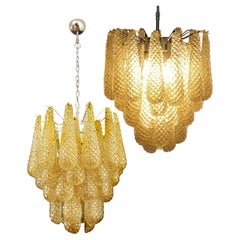 Used Pair of Italian 41 Amber Crystal petals Chandeliers, Murano