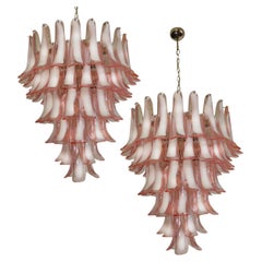 Fabulous Pair of Italian 75 Pink and White Petal Chandeliers, Murano