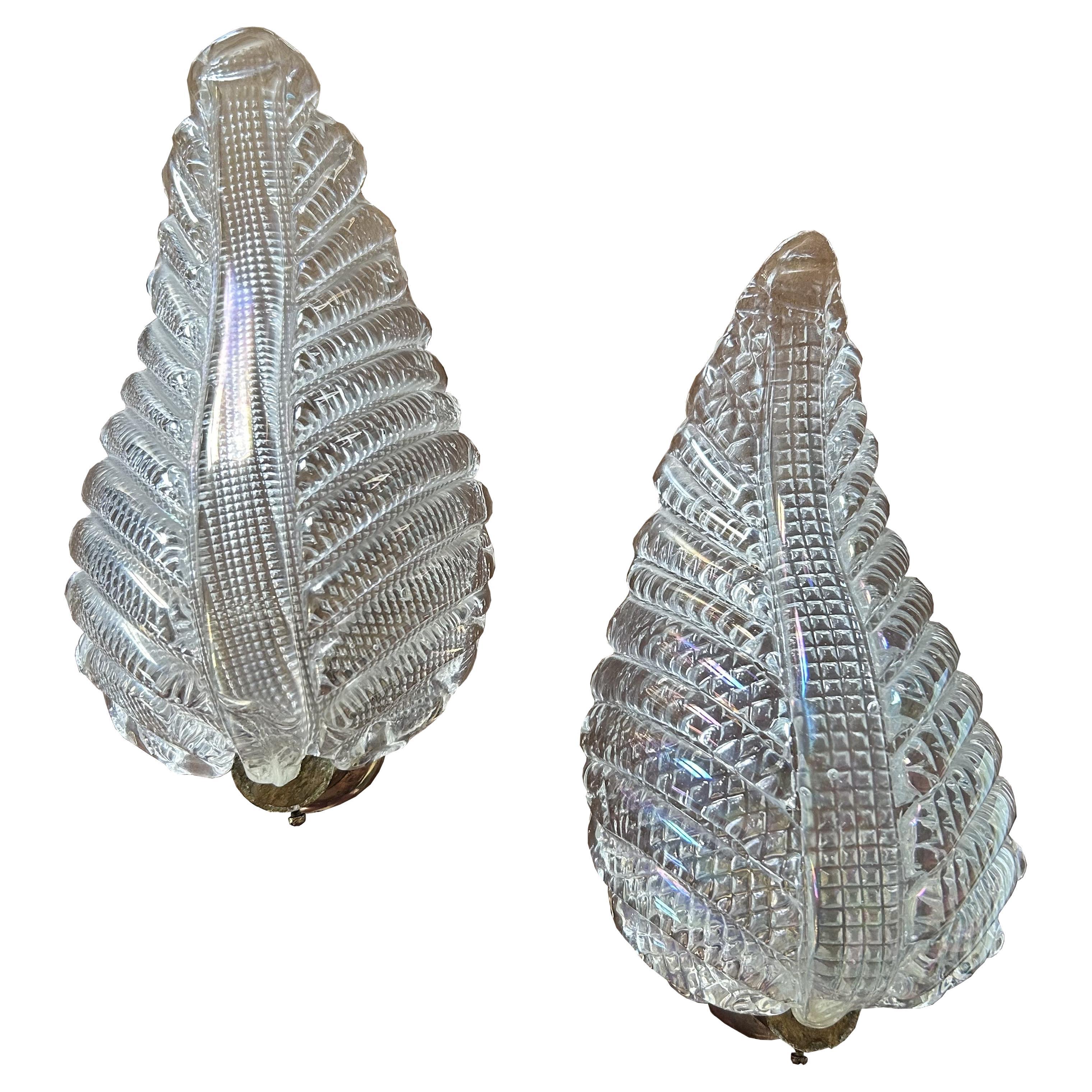 Fabulous Pair of Iridescent Murano Leaf Sconces, 1940's