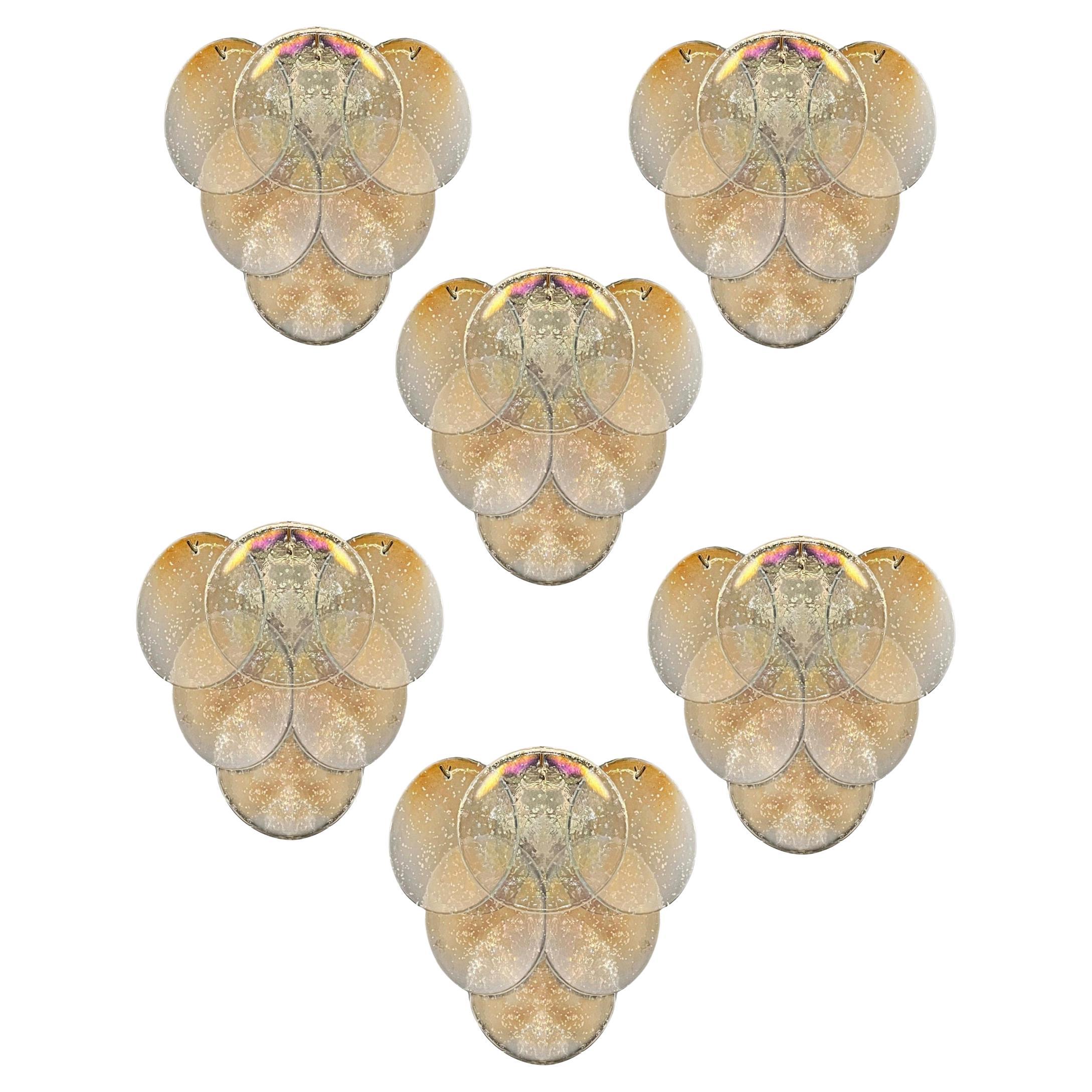Set of Six Wall Sconces Iridescent Murano Discs